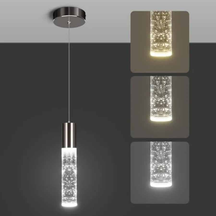 Modern Pendant Light, 3Color LED Bubble Crystal Island Light Fixtures, Mini Pendant Lighting for Kitchen Island, Bar, 6W, 3000-
