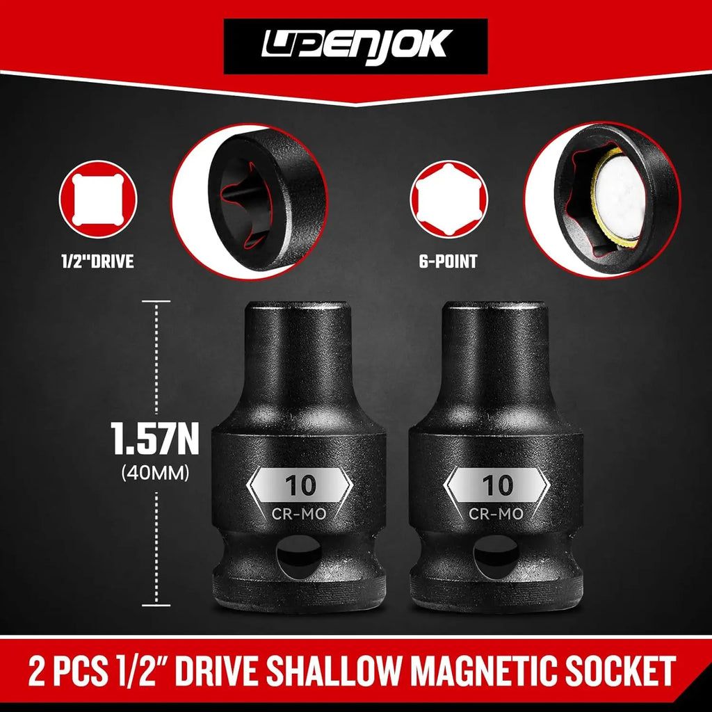 2-Pack 1/2" Drive Magnetic 10mm Impact Socket Set, Shallow, CR-MO Steel, 6-Point for Impact Wrench