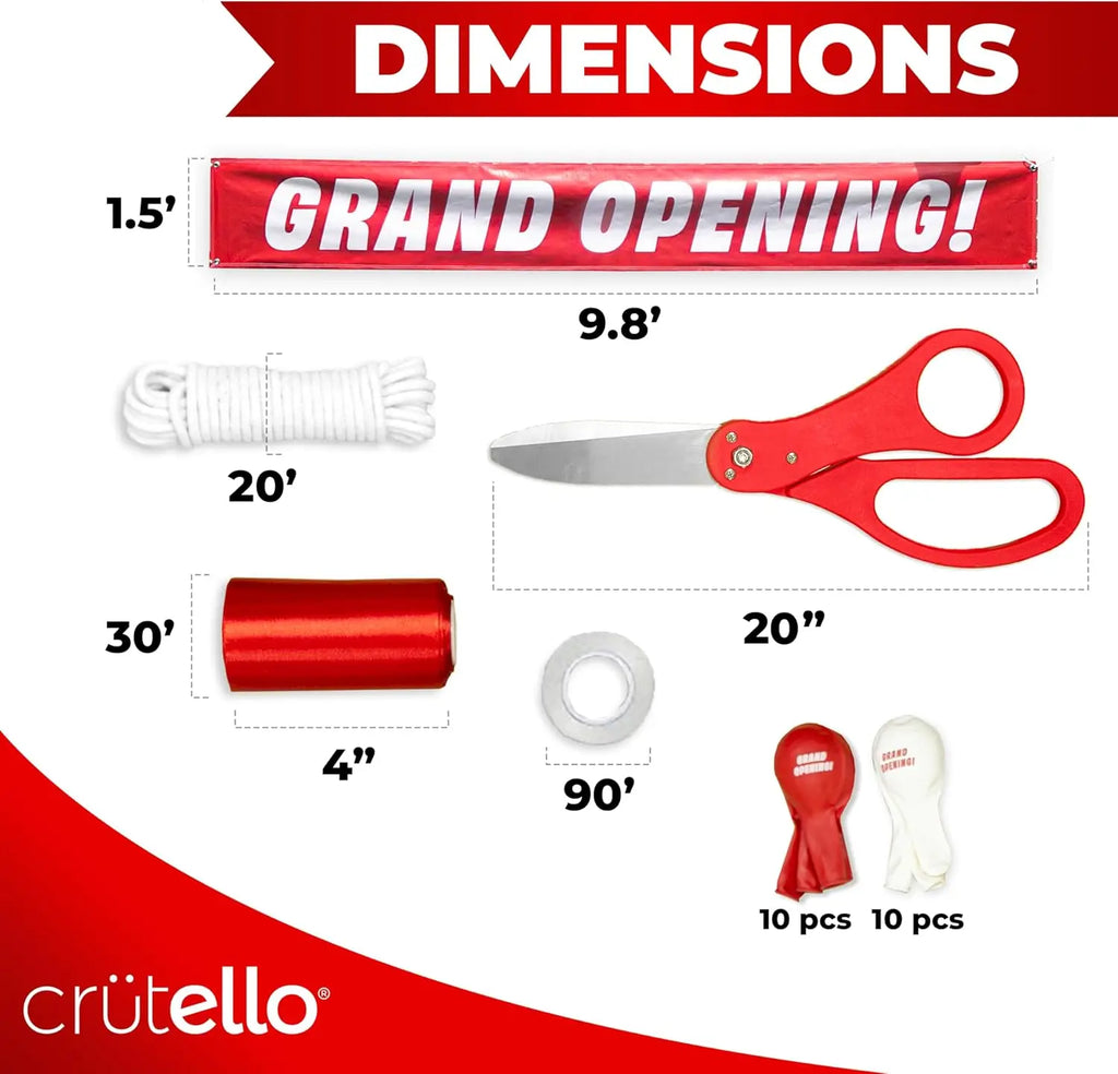 Giant Ribbon Cutting Ceremony Kit - 20" Red Scissors, 30ft Ribbon, 10ft Banner, 20 Balloons