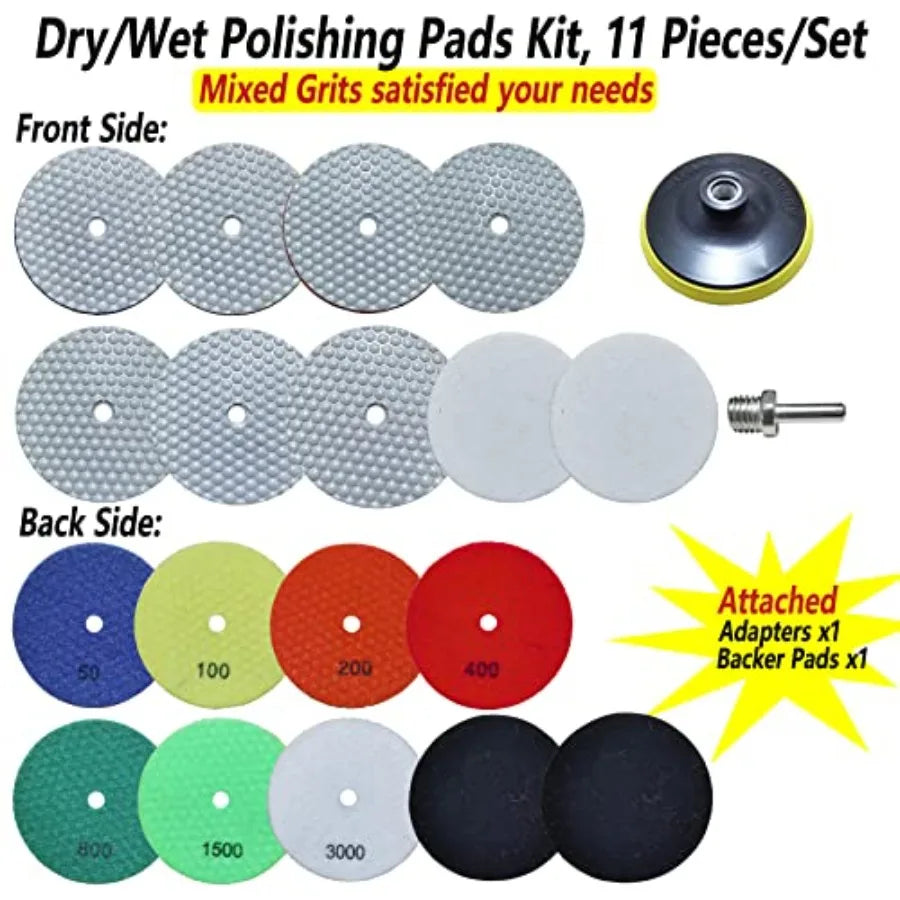 Dry Diamond Polishing Pads 11PCS Wet/Dry Granite Stone Buffing Pad Kit for Marble Concrete Quartz Tiles - High Temperature Resi