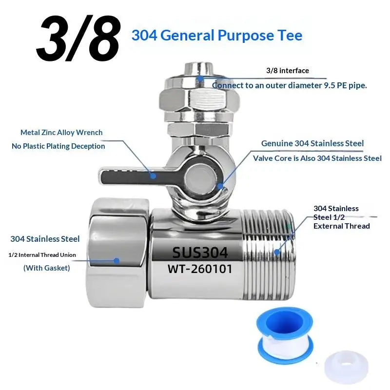 Water Filter Adapter 1/2 to 1/4 3/8 With Shut Off Tee Ball Valve Reliable Connection for RO System Home Kitchen