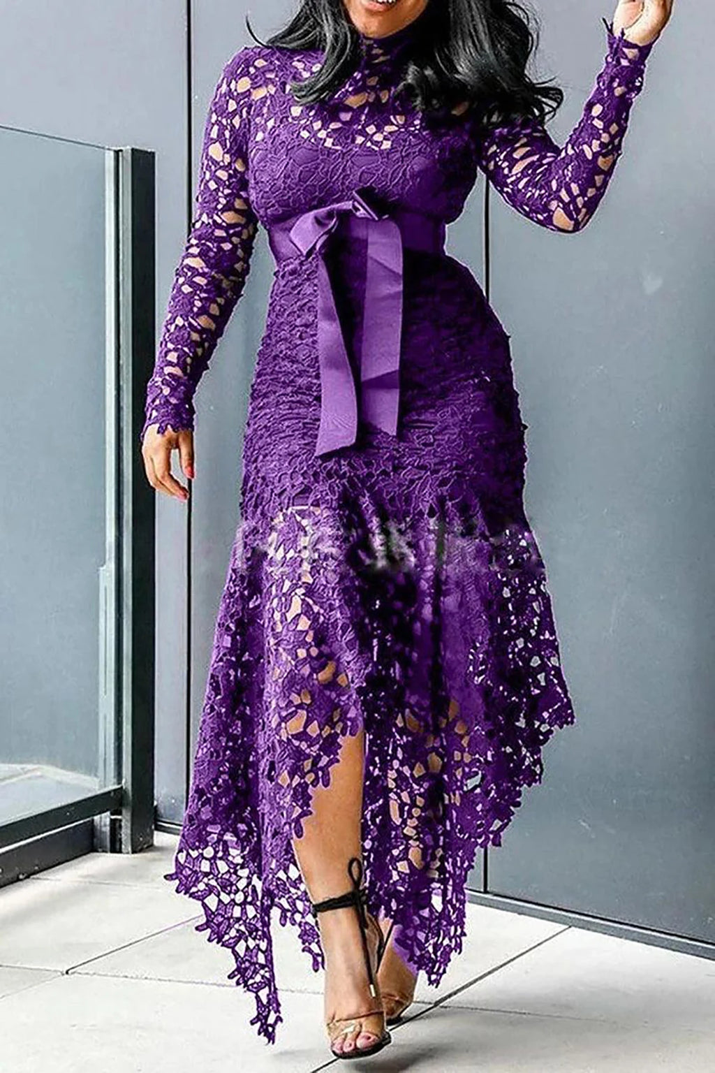 Women Elegant French Lace Dress Stand Up Collar Puff Sleeve Slim Sexy Hollow Out Irregular Hem Party Club Evening Midi Dresses