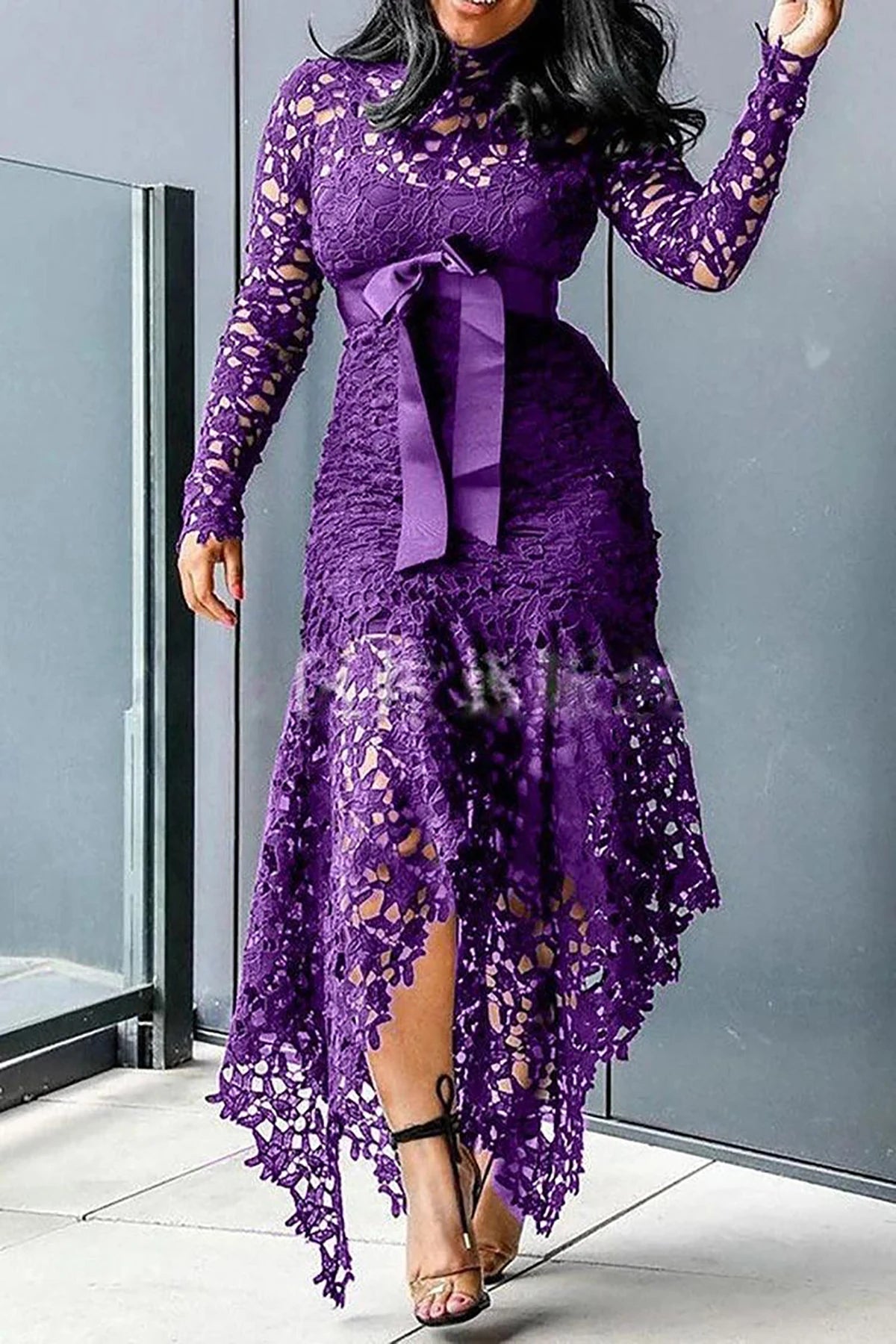 Women Elegant French Lace Dress Stand Up Collar Puff Sleeve Slim Sexy Hollow Out Irregular Hem Party Club Evening Midi Dresses