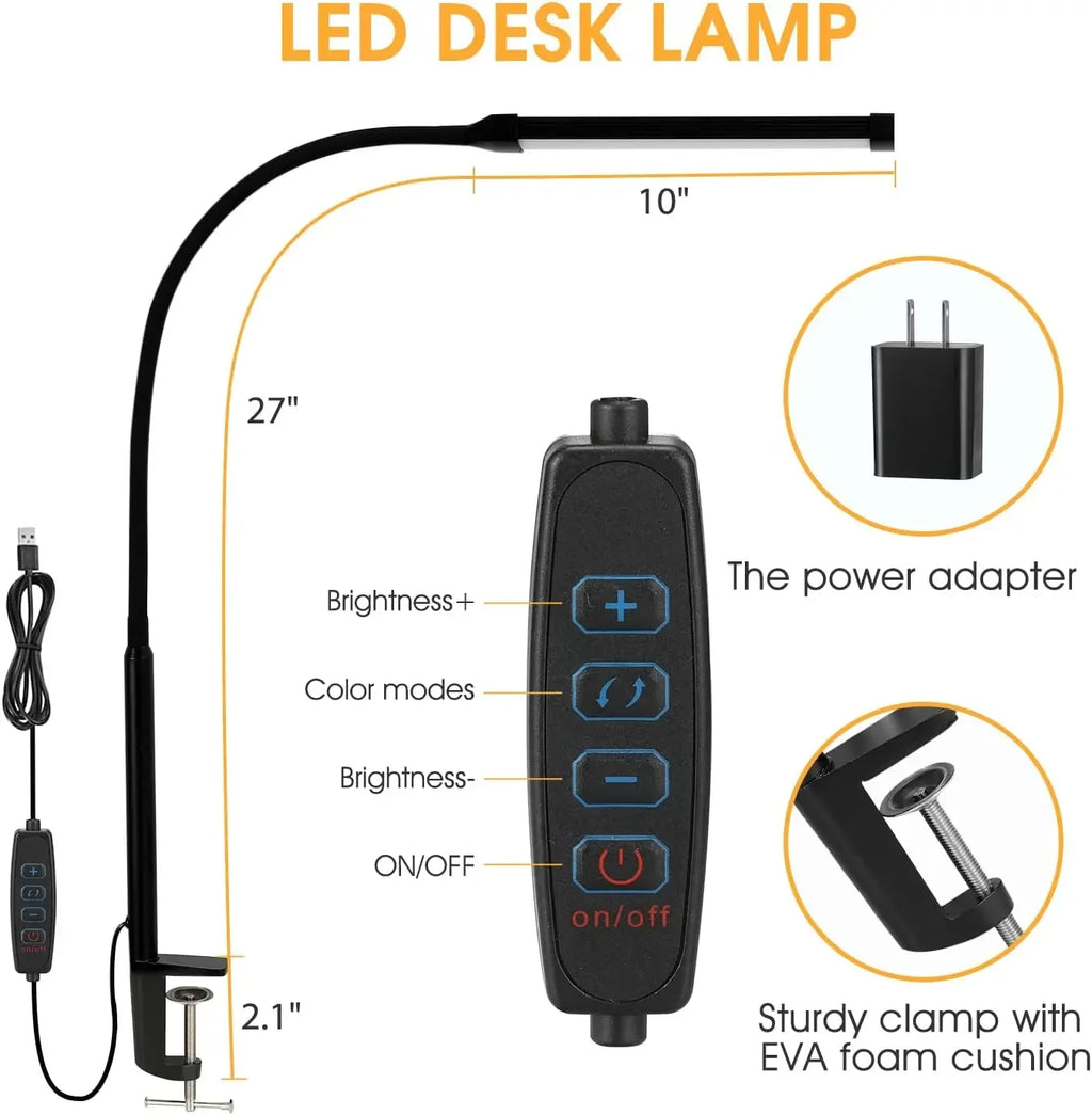 Flexible LED Desk Lamp With Clamp, 3 Modes & 10 Brightness, Eye-Caring Light For Home Office