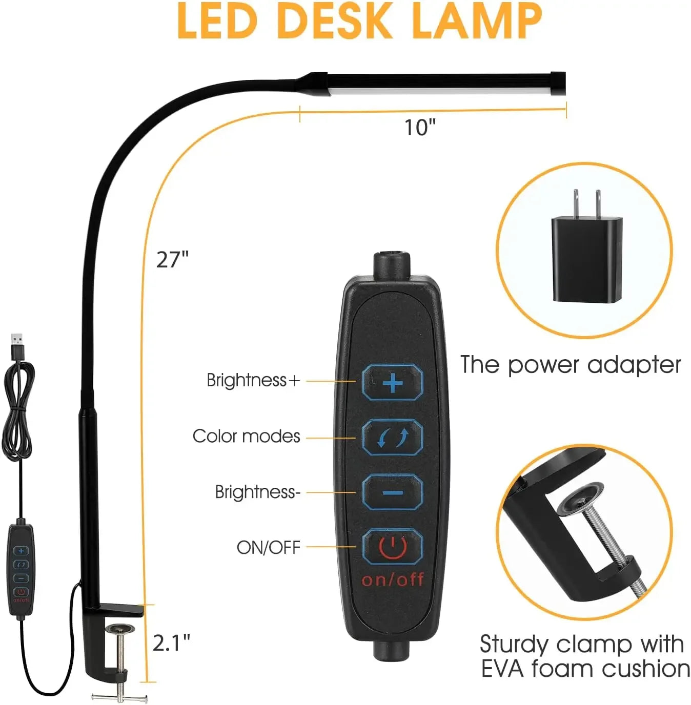 Flexible LED Desk Lamp With Clamp, 3 Modes & 10 Brightness, Eye-Caring Light For Home Office