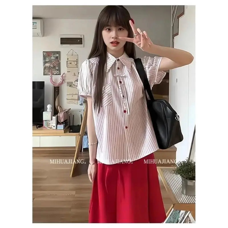 Women's Suit Fashion Two Piece Set Skirt And Shirt Cotton Women Summer Red Pocket Stripe Bow Short Sleeve Bubble Sleeve New 2025