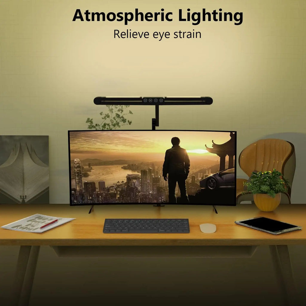 LED Desk Lamp with Clamp, 24W Ultra Bright Auto Dimming Light, Stepless Dimming & Tempering for Home Office