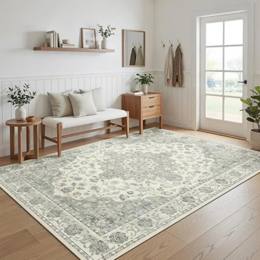 Washable 5x7 Area Rug - Living Room Rug Distressed Low Pile Mats Pad Non Slip Soft Rugs for Dining Room with Rubber Backing Bed
