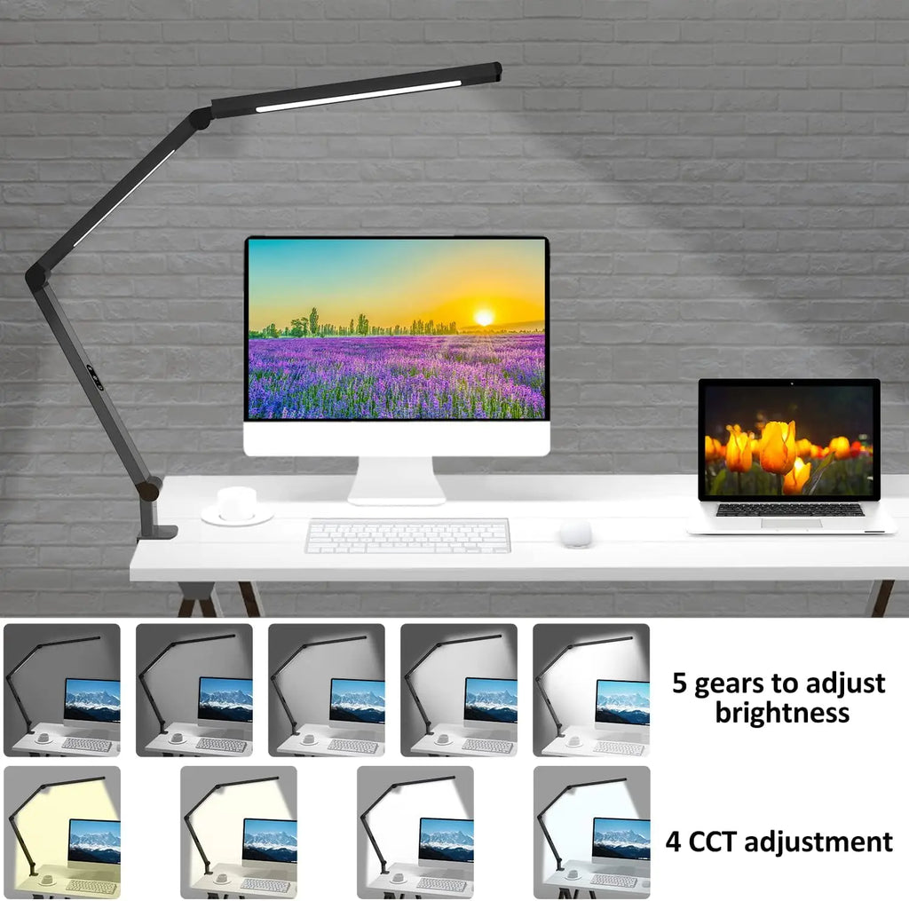 Adjustable LED Desk Lamp with Clamp, Dual Light, 4 Color Modes & 5 Brightness Levels for Home Office