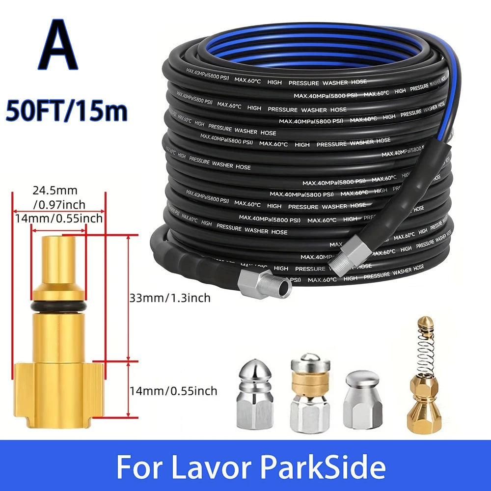 50FT Blue-Black Cleaning Hose Pressure Washer Drain Flusher,1/4" NPT  5000PSI Sink Unblocker Kitchen Flusher Nozzle Accessories