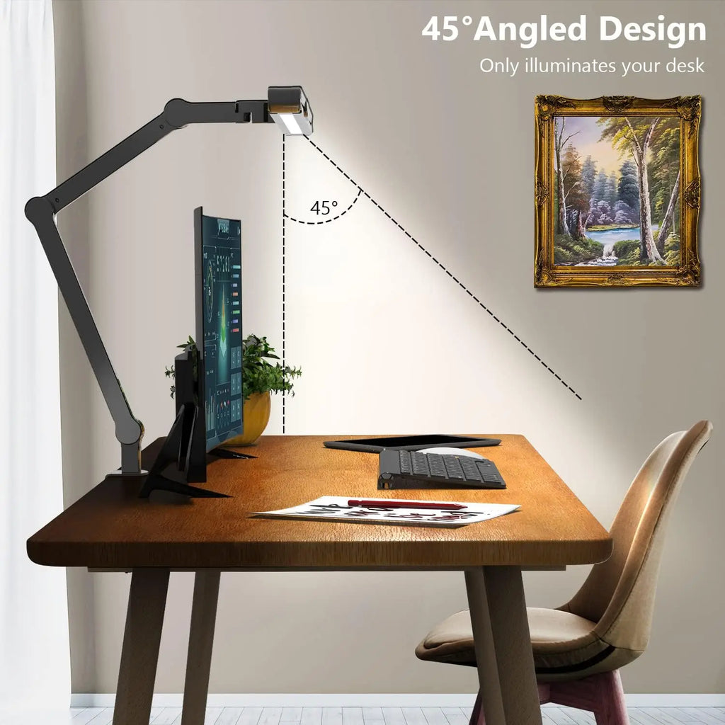LED Desk Lamp with Clamp, 24W Ultra Bright Auto Dimming Light, Stepless Dimming & Tempering for Home Office