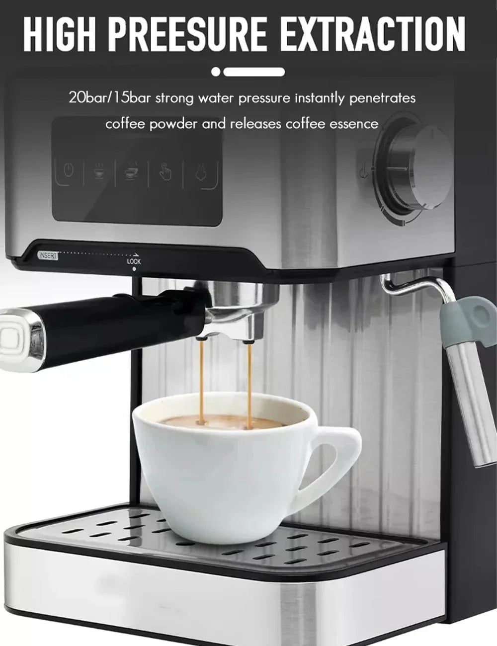 19bar Stainless Steel Semi-Automatic Espresso Coffee Machine Electric Powered Household Cappuccino Latte Maker