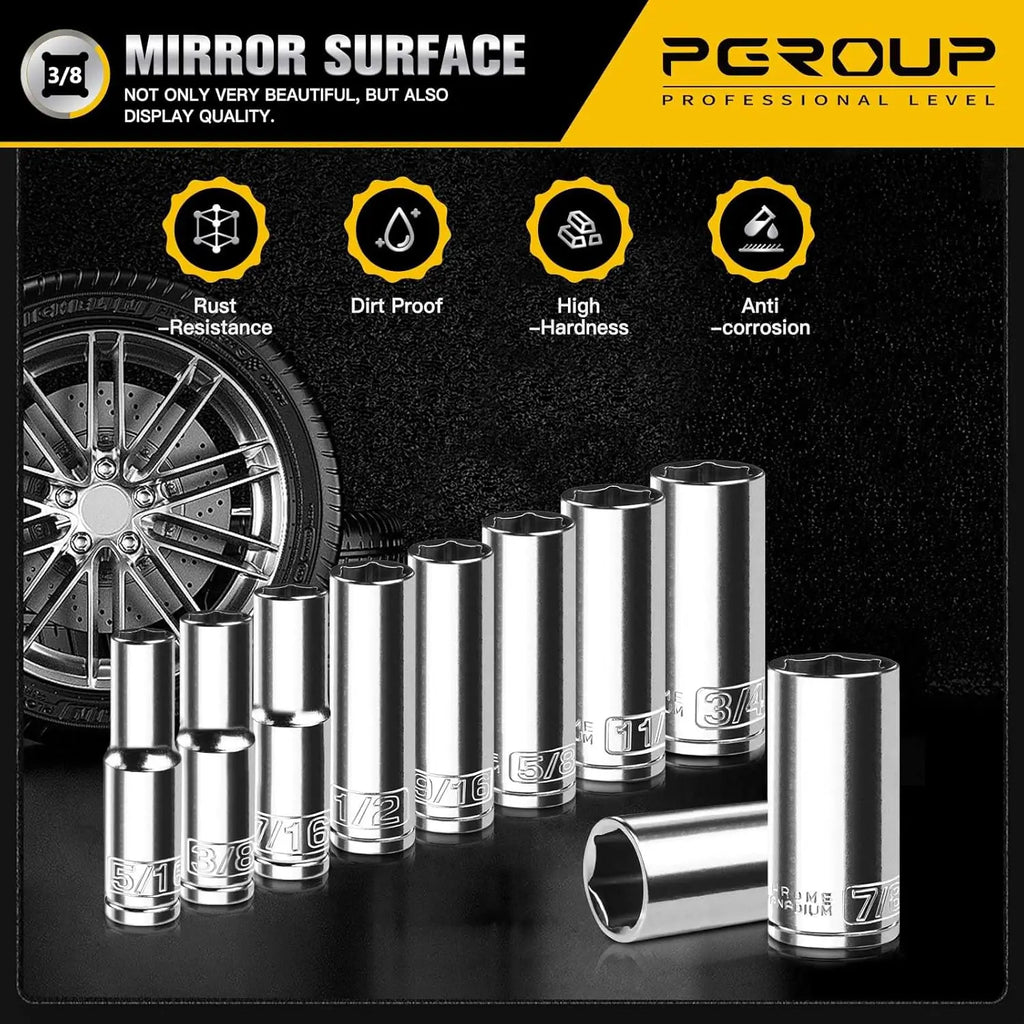 3/8" Drive Deep Socket Set, 10-Piece SAE (5/16"-7/8"), 6-Point Cr-V Steel, Chrome Plated with Hanging Rack