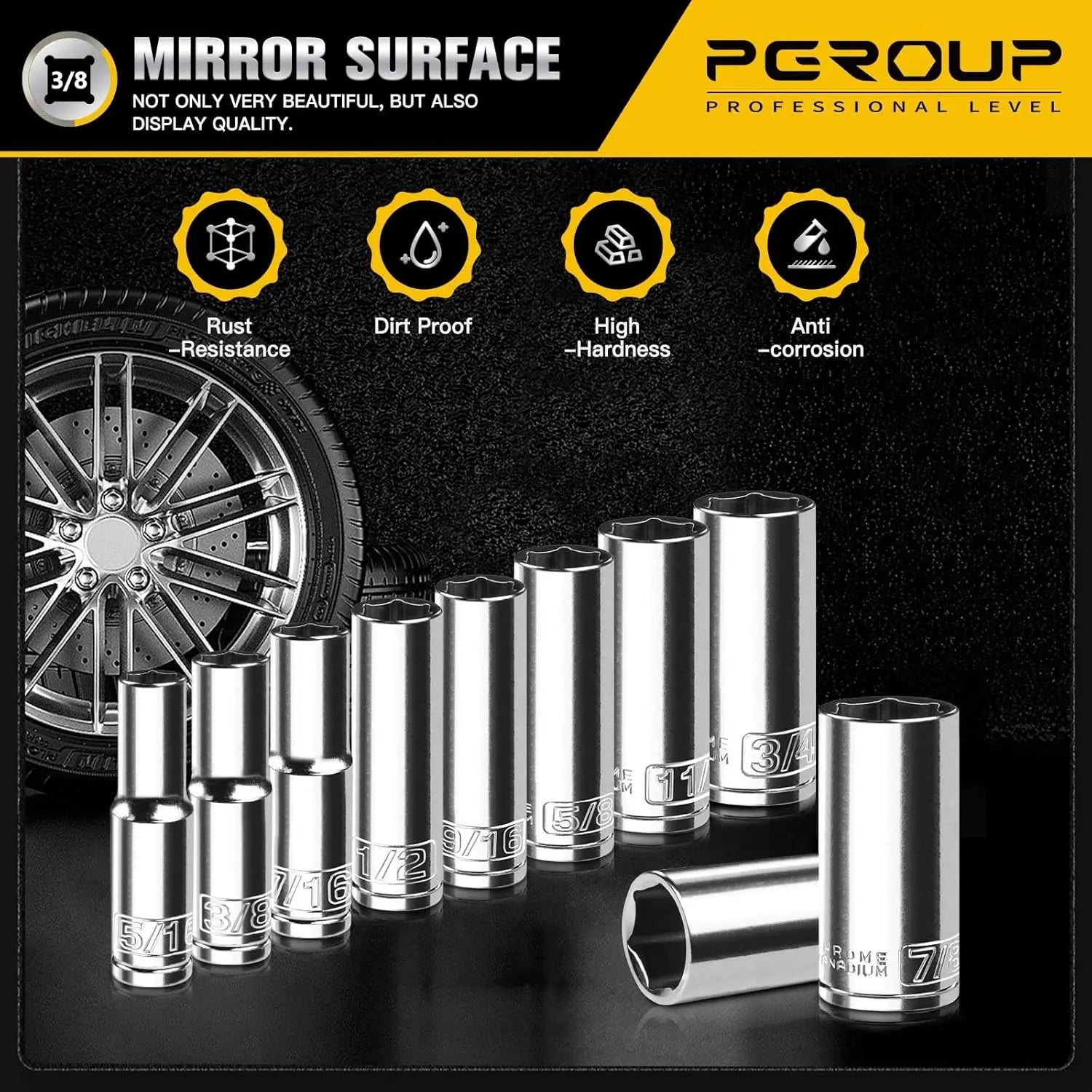 3/8" Drive Deep Socket Set, 10-Piece SAE (5/16"-7/8"), 6-Point Cr-V Steel, Chrome Plated with Hanging Rack
