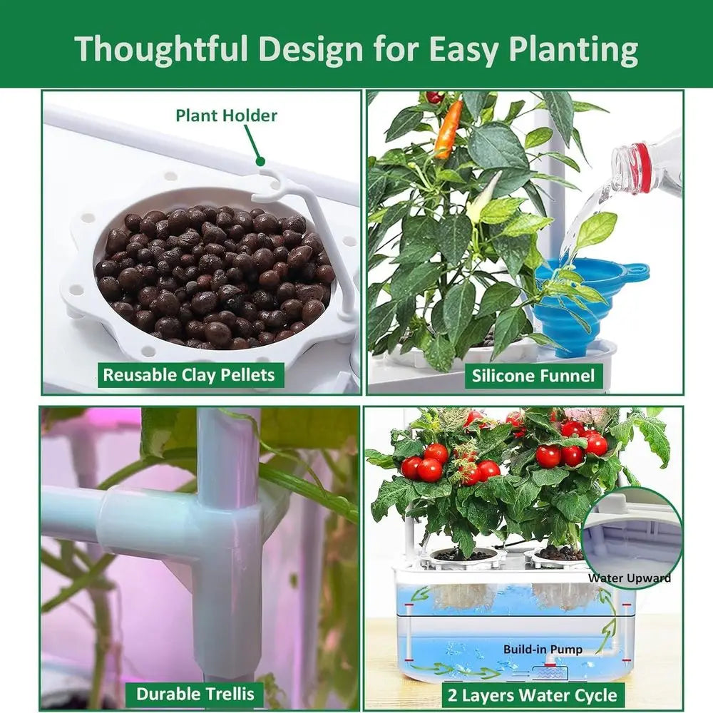 Indoor Vertical Hydroponic System with LED Lighting for Growing Tomatoes, Peppers, and Cucumbers