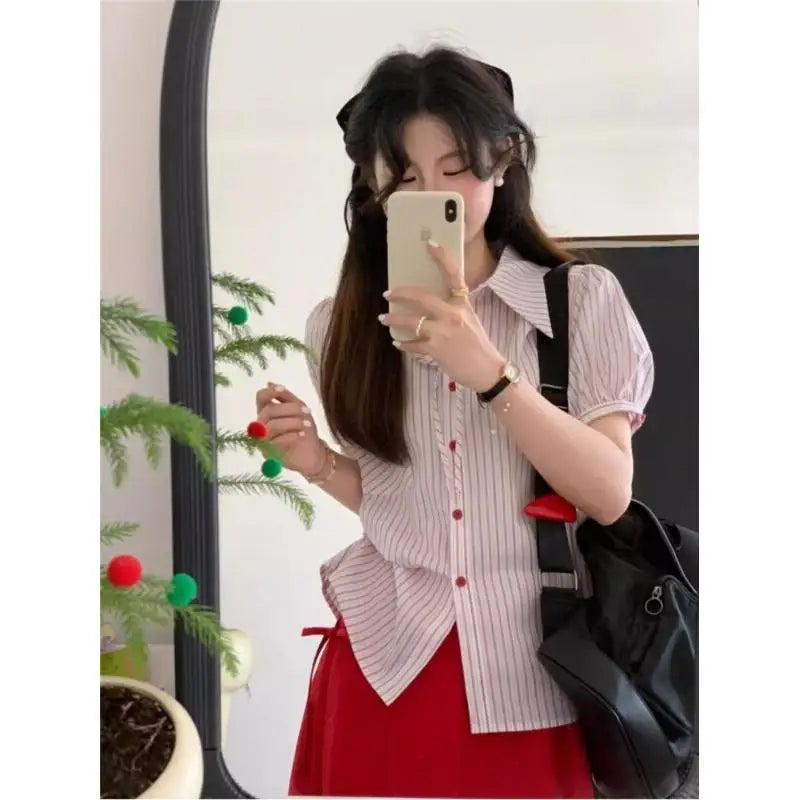 Women's Suit Fashion Two Piece Set Skirt And Shirt Cotton Women Summer Red Pocket Stripe Bow Short Sleeve Bubble Sleeve New 2025