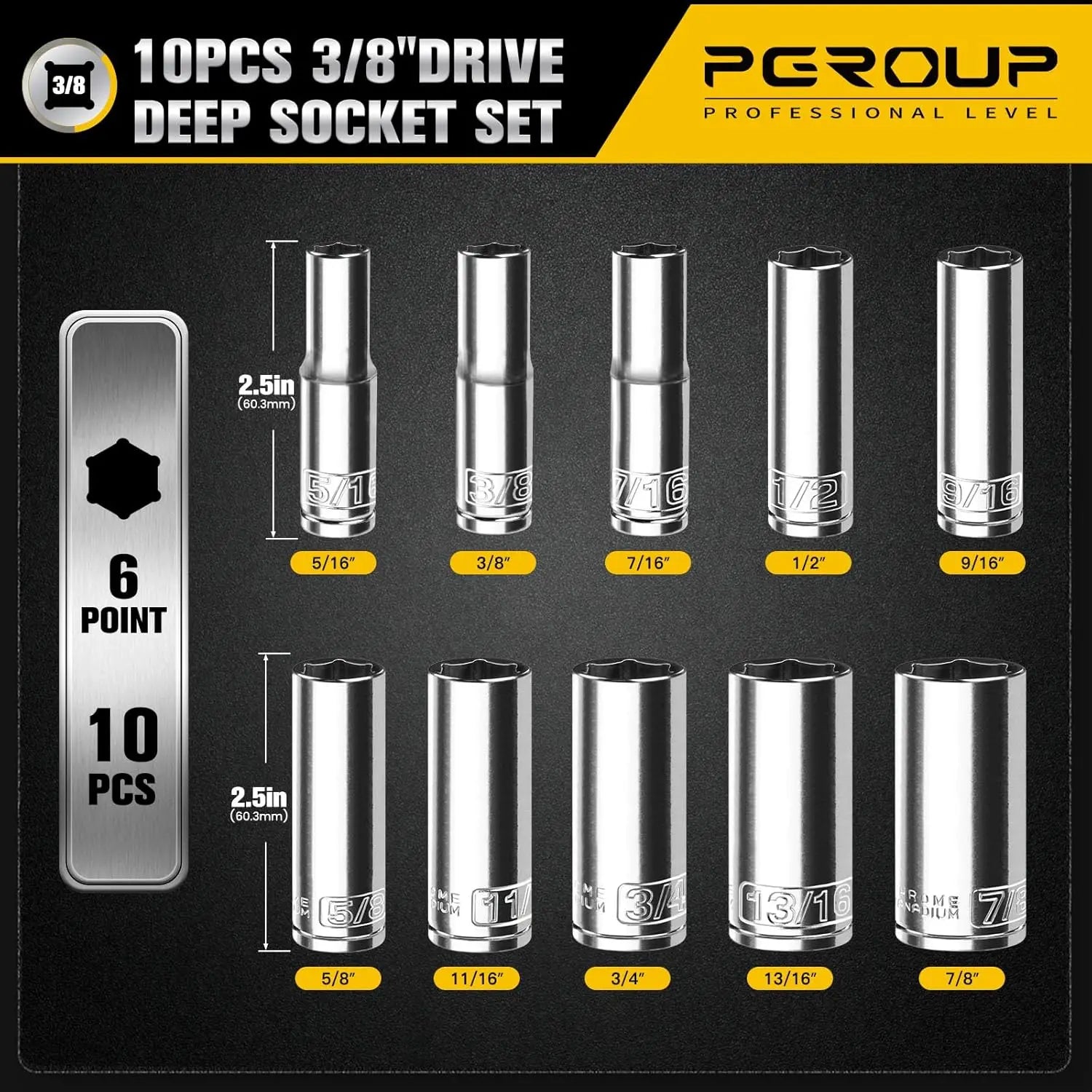 3/8" Drive Deep Socket Set, 10-Piece SAE (5/16"-7/8"), 6-Point Cr-V Steel, Chrome Plated with Hanging Rack