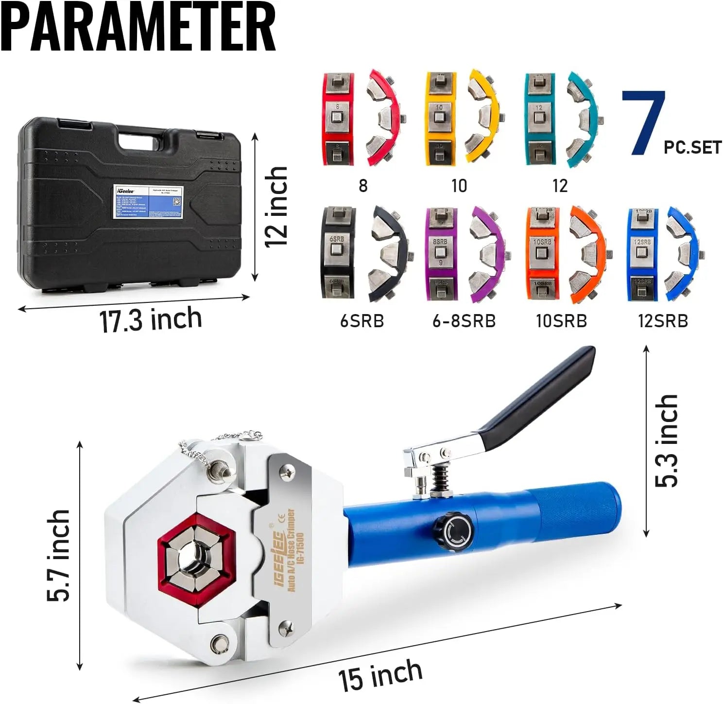 Hydraulic Hose Crimper Tool for AC Repair with 7 Die Set, Fits Barbed & Beaded Hose Fittings | IG-71500