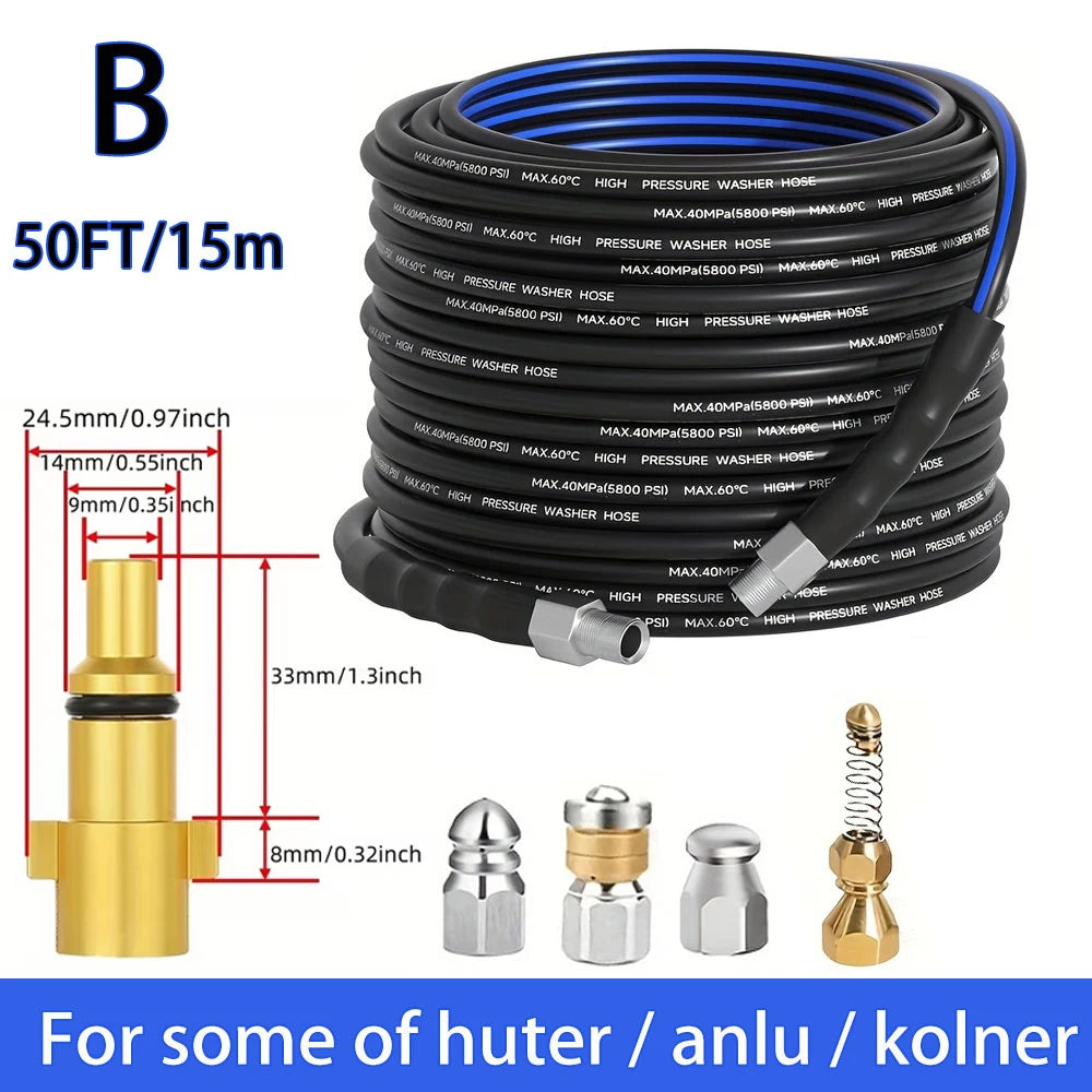 50FT Blue-Black Cleaning Hose Pressure Washer Drain Flusher,1/4" NPT  5000PSI Sink Unblocker Kitchen Flusher Nozzle Accessories