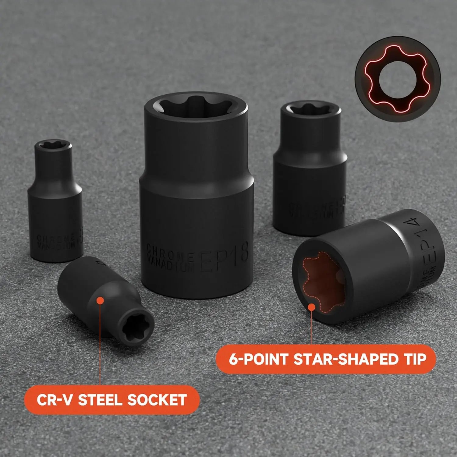 9PCS EP Socket Set, 1/4" 3/8" 1/2" Drive External Torx Plus Sockets EP6-EP18, CR-V Steel with Organizer, for Automotive &