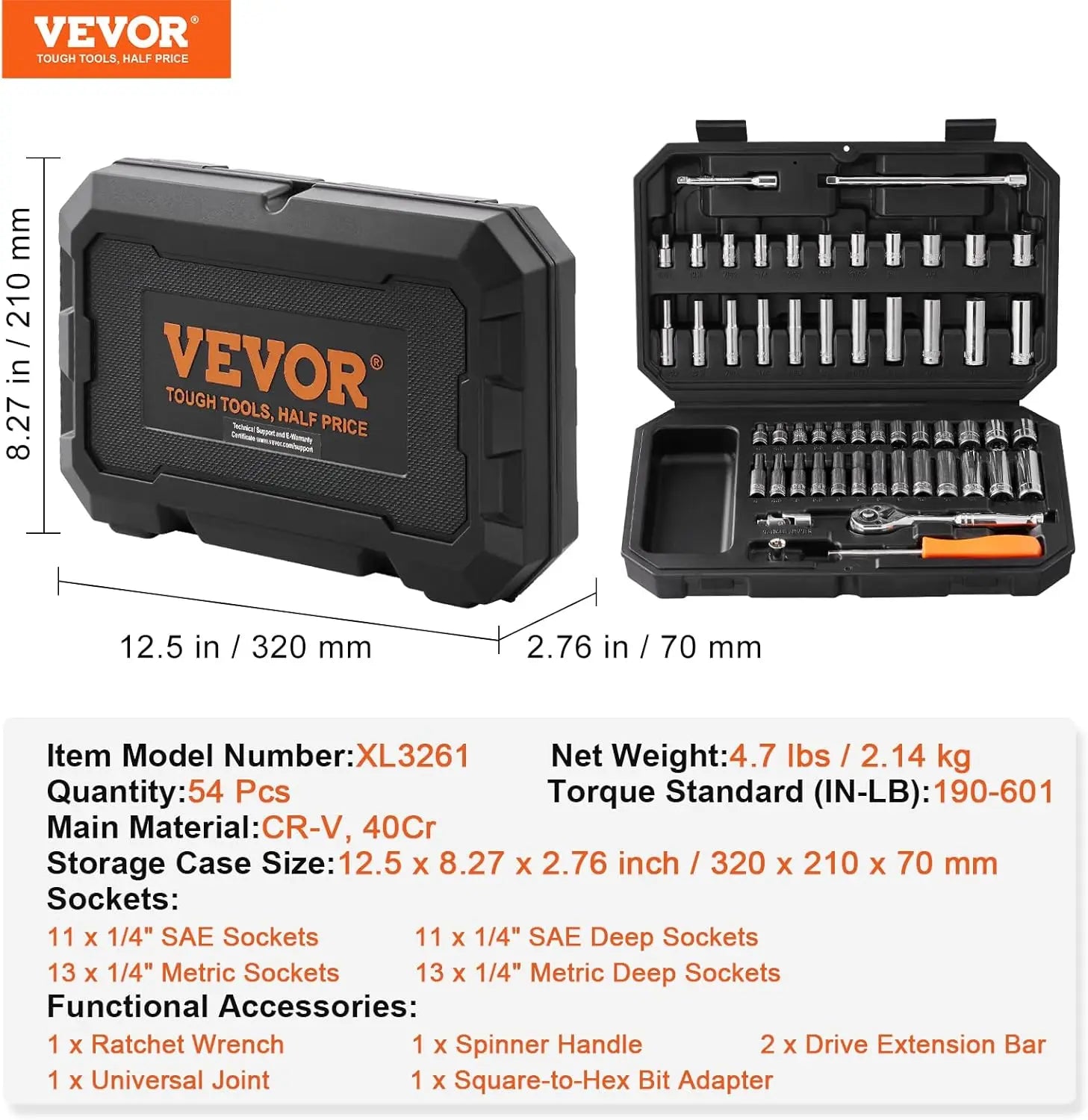 1/4 Inch Drive Socket Set, 54-Piece SAE & Metric, 6-Point Deep & Standard Sockets, CR-V Steel, with Storage Case