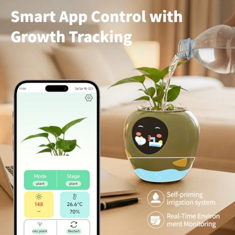 Plantbot Upgraded Large Smart Flower Pot Pet Planter Robot with Artificial Intelligence Time Temperature Display and Numerous E
