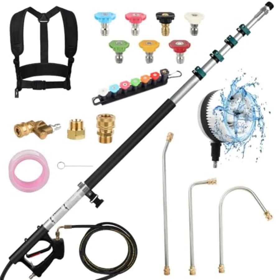 24FT Telescoping Pressure Washer Extension Wand 4000PSI High Reach Power Washer Wand with Rotary Brush 7 Nozzles M22 Adapters G