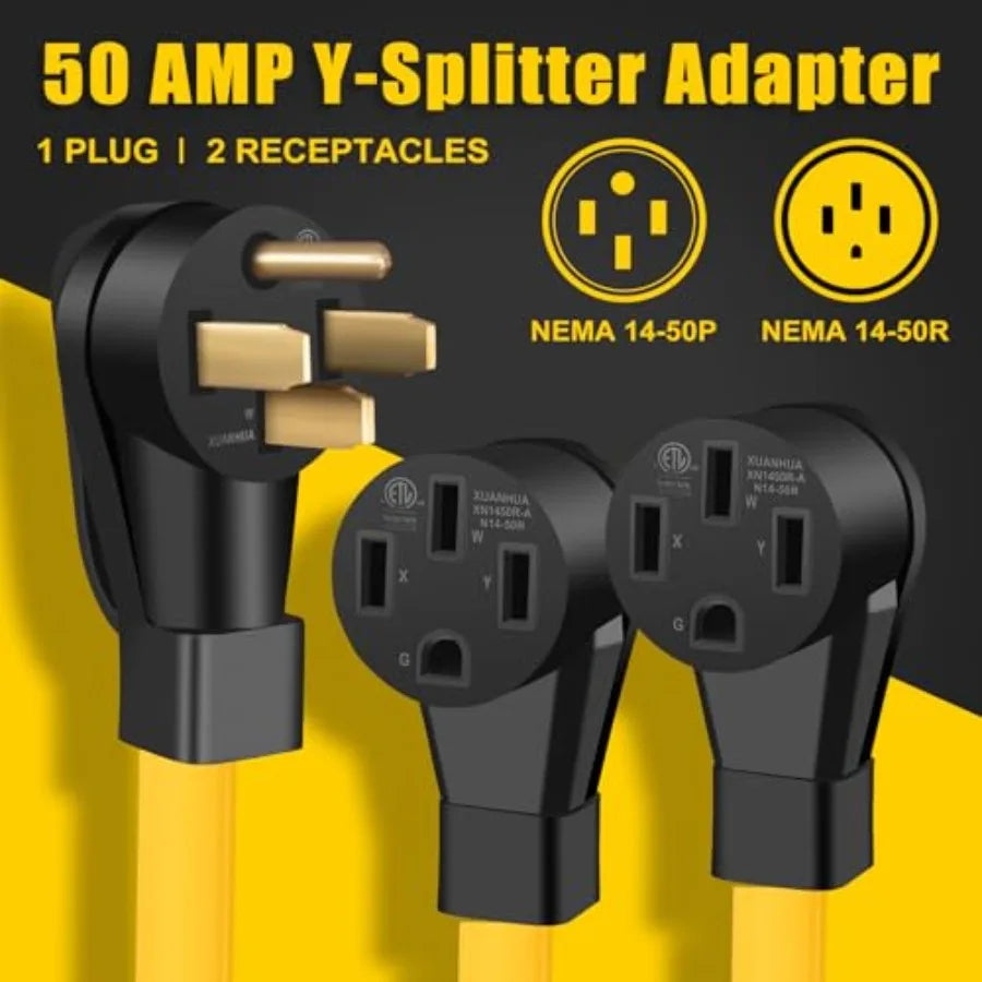 50 Amp Y Splitter Adapter Cord for RV and EV 4 Prong 250V NEMA 14-50P to 2X 14-50R Heavy Duty 6/3+8/1 Gauge STW Wire Outdoor Po