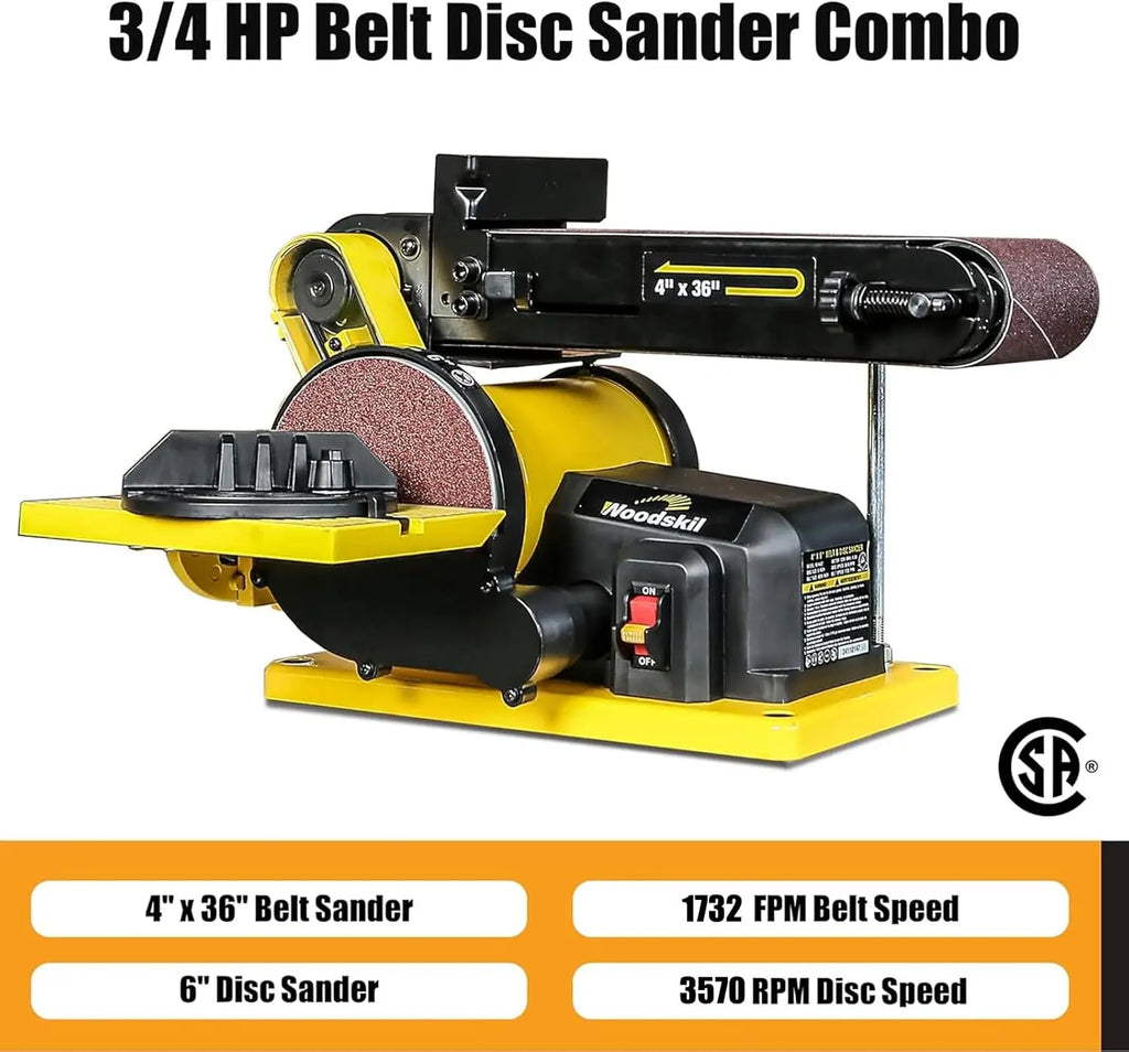 4.3A Belt Sander with 4x36 in. Belt & 6 in. Disc, Double Dust Port, Steel Base, Includes 2 Sandpapers