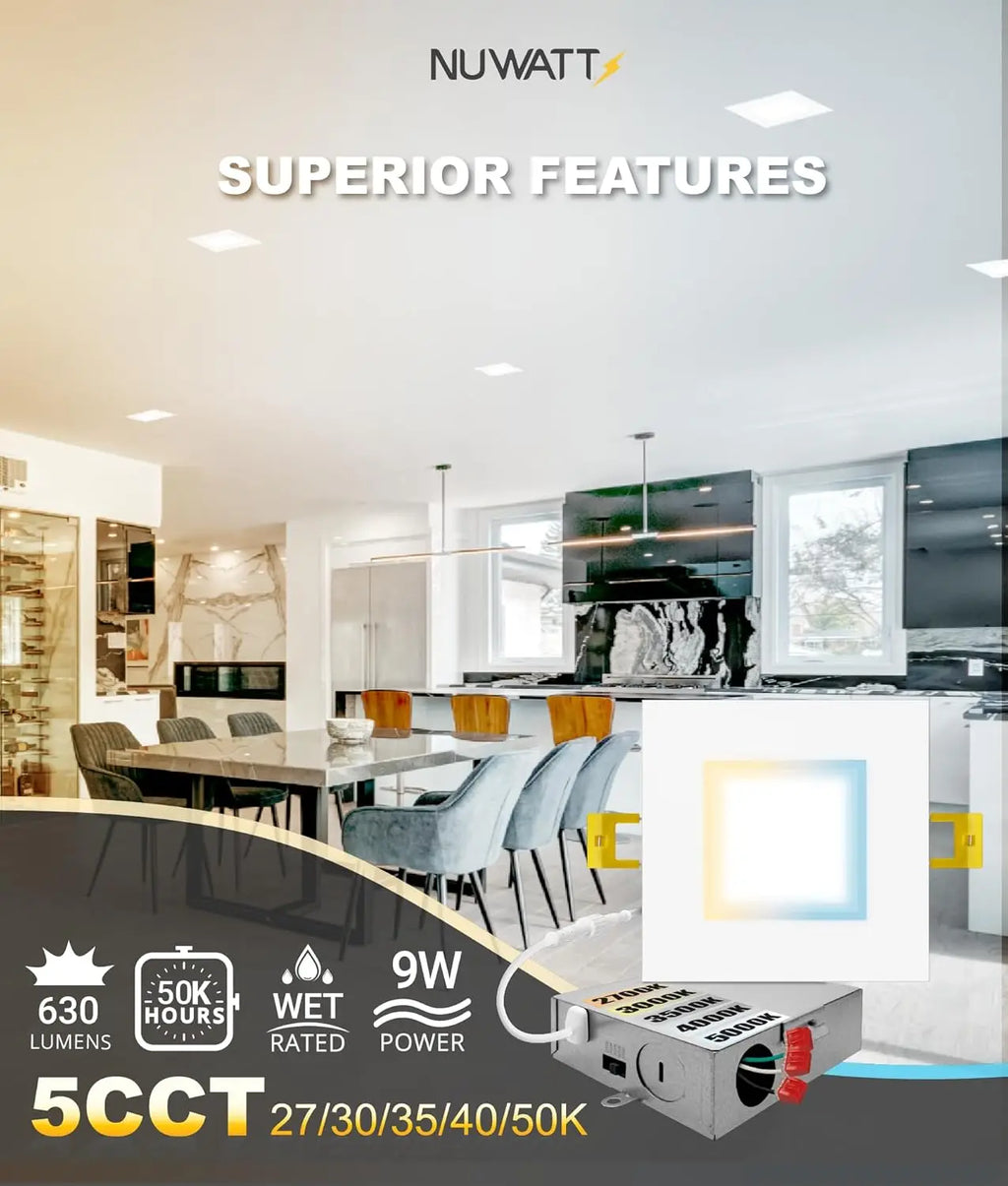 4 Inch Square LED Recessed Lights, 5 CCT Selectable 2700K-5000K, 630 Lumens Dimmable, Wet & IC Rated, Canless Downlight, 6 Pack