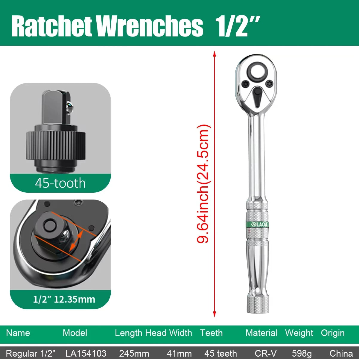 LAOA 1pc Quick Bi-Directional Ratchet Wrench CRV 1/4 3/8 1/2 Socket Wrench Auto Motorcycle Repair Tools