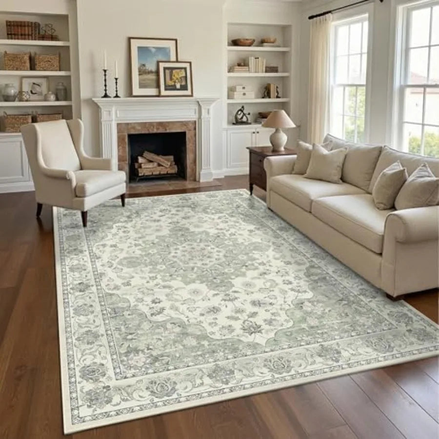 Washable 5x7 Area Rug - Living Room Rug Distressed Low Pile Mats Pad Non Slip Soft Rugs for Dining Room with Rubber Backing Bed