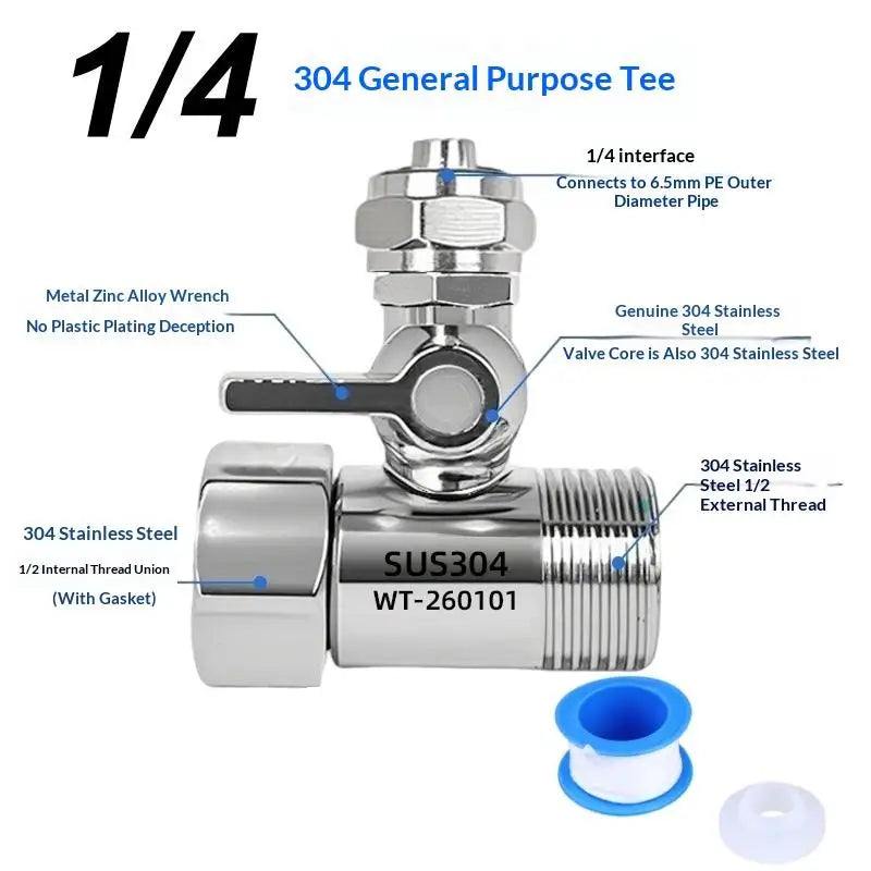 Water Filter Adapter 1/2 to 1/4 3/8 With Shut Off Tee Ball Valve Reliable Connection for RO System Home Kitchen