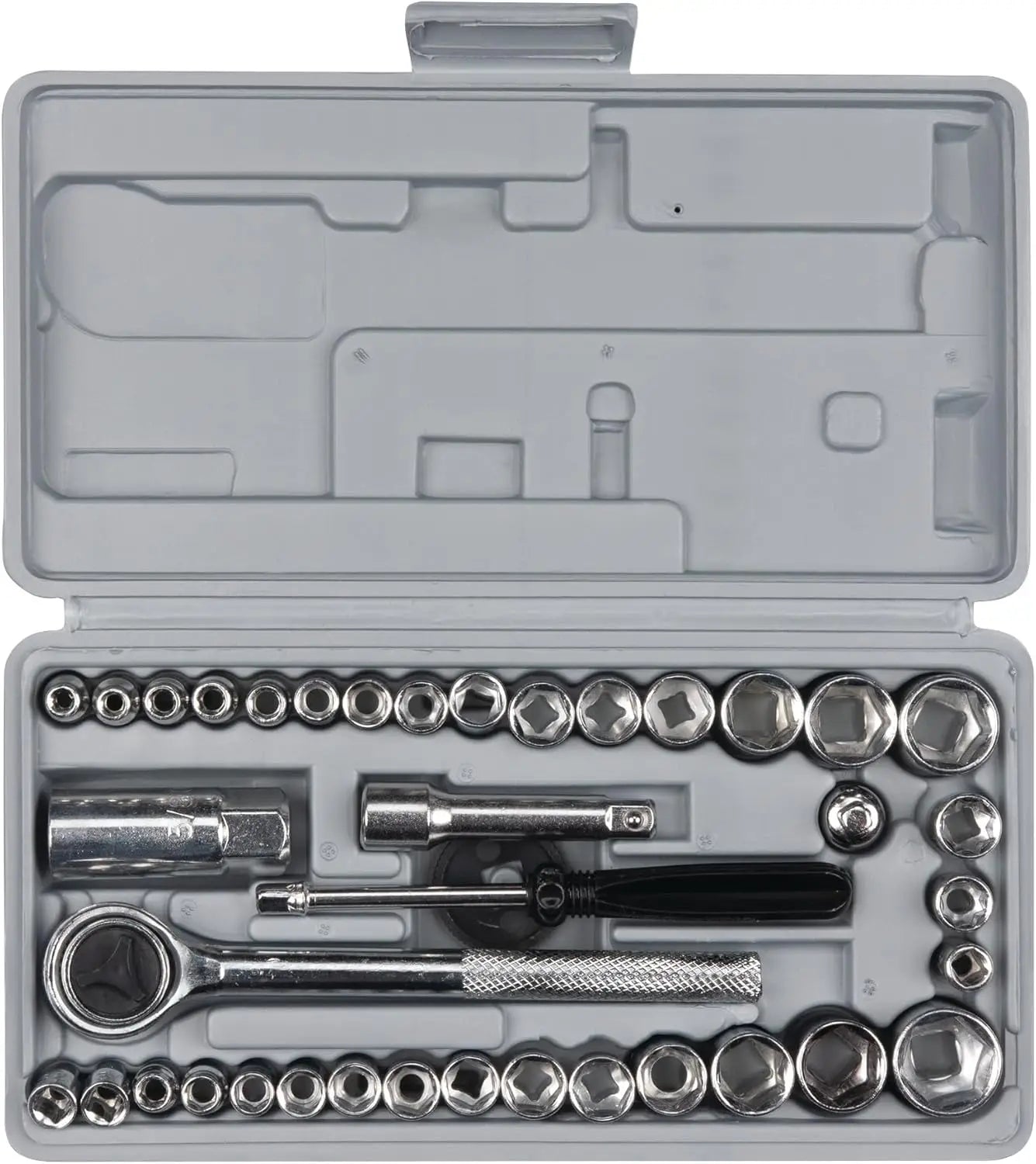 40-Piece SAE and Metric Socket Set, 1/4 & 3/8 Inch Drive, Ratchet and Extension Bar, Blow-Molded Case