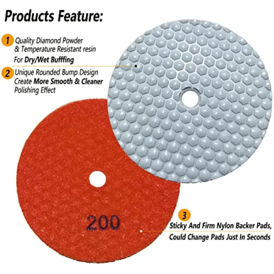 Dry Diamond Polishing Pads 11PCS Wet/Dry Granite Stone Buffing Pad Kit for Marble Concrete Quartz Tiles - High Temperature Resi