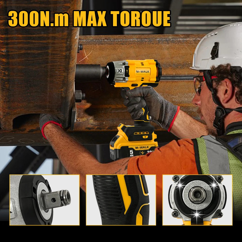 M-WALK 300N.M Brushless Electric Impact Wrench 3000RPM Cordless Wrench Screwdriver 1/2Inch Power Tool For Dewalt 20V Battery Pin