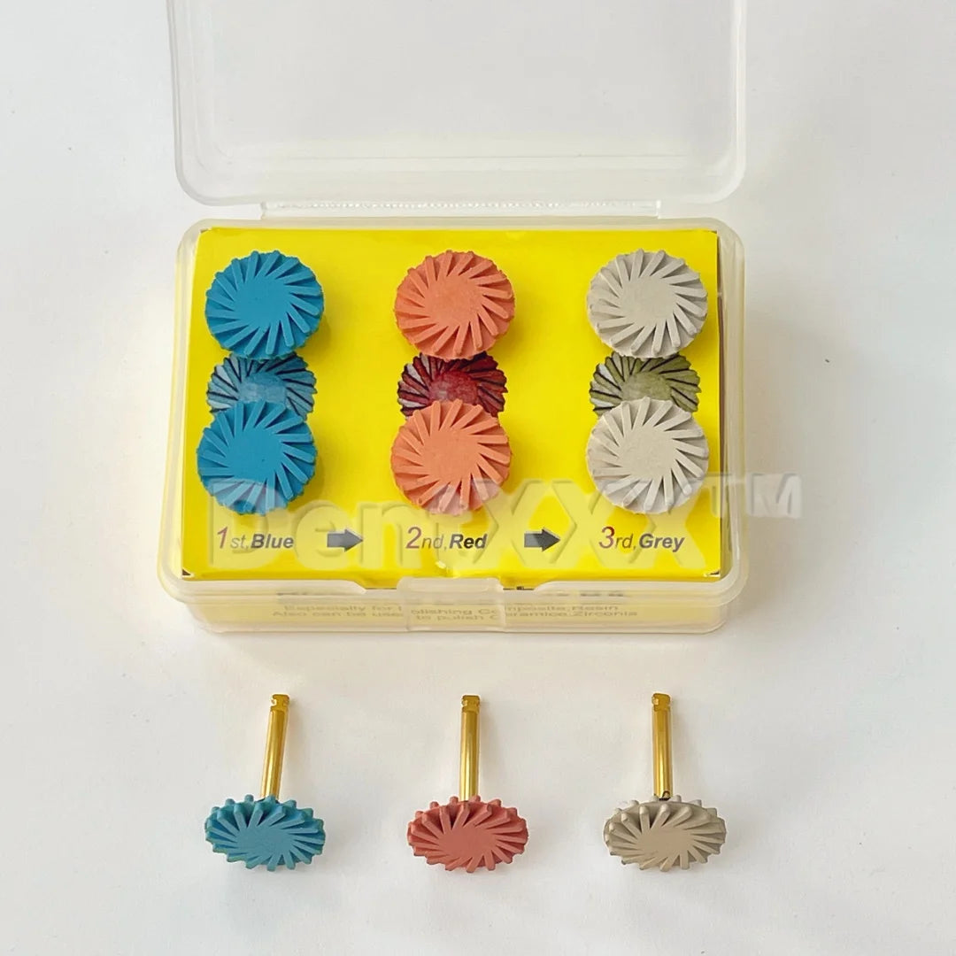 6 Composite Resin Polishing Discs, Rubber Polishing Wheels 14mm, 3-Color Cyclone Wheels with Gold Ra Shank, Shank Diameter 2.35mm, for Soft Metals, Wood, Stone, Pvc, Jade, Ceramic Tiles, Marble, Plastic, Agate, Glass, Crystal, and Non-Ferrous Metals