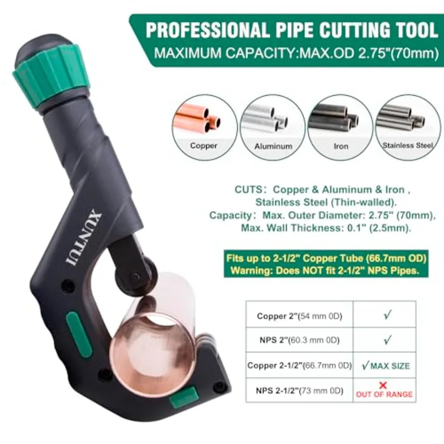 70mm Large Pipe Cutter Kit - Fits 1/4" to 2" Nominal 2.7" Actual OD - Professional Tubing Cutter w/ SKD11 Blades for HVAC Plumb