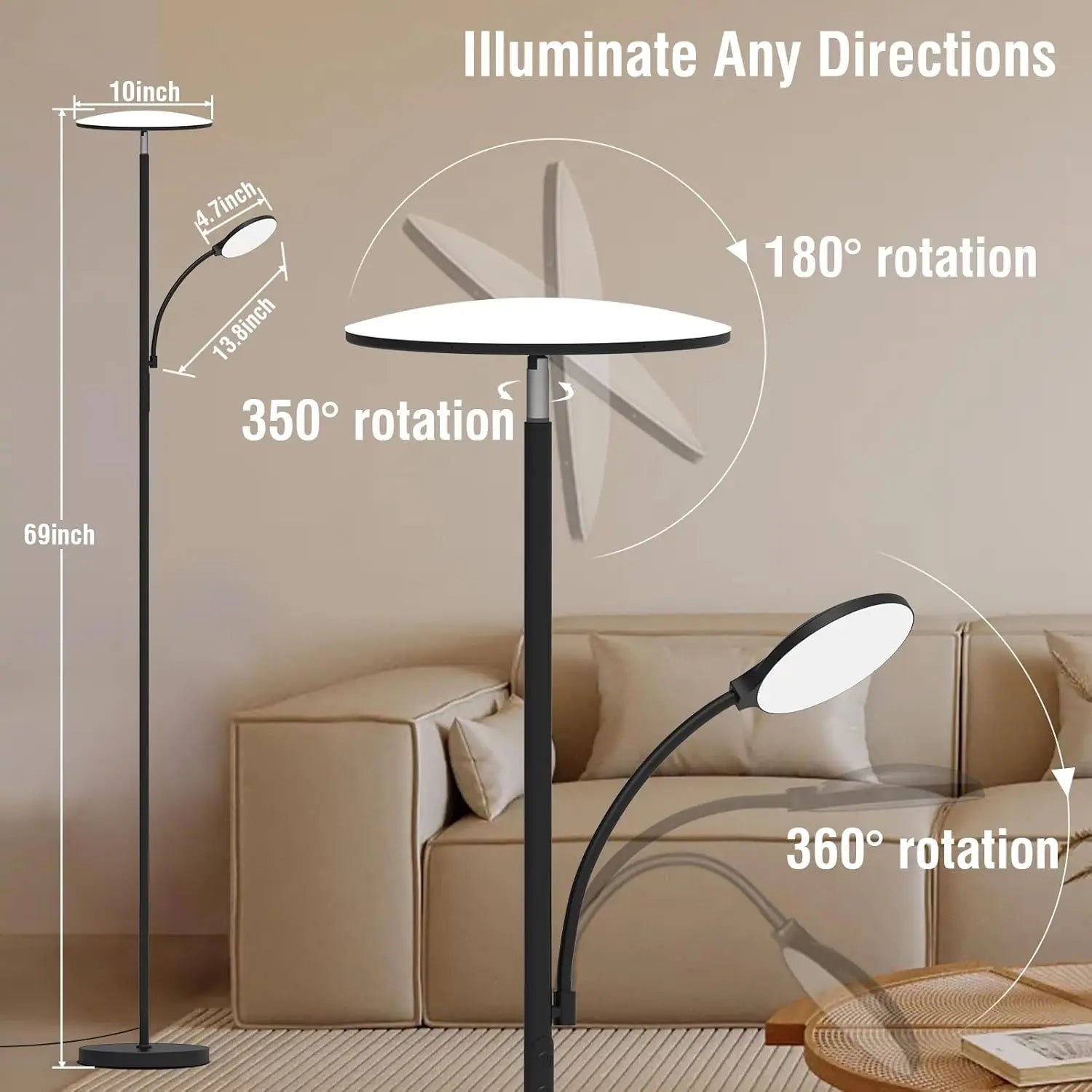 2025 Upgraded 42W 4500LM LED Floor Lamp with Rotatable Reading Light, Touch Remote Control & Memory Function
