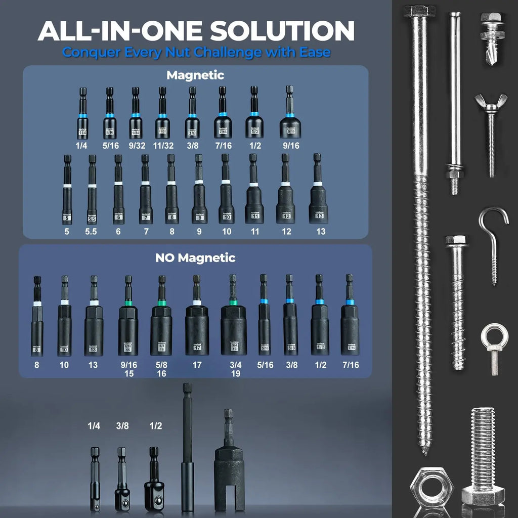 34 Piece Magnetic Nut Driver Set, Impact Driver Bit Set, Deep Nut Driver, Impact Socket Adapters, Wing Nut Driver, Tough Gift