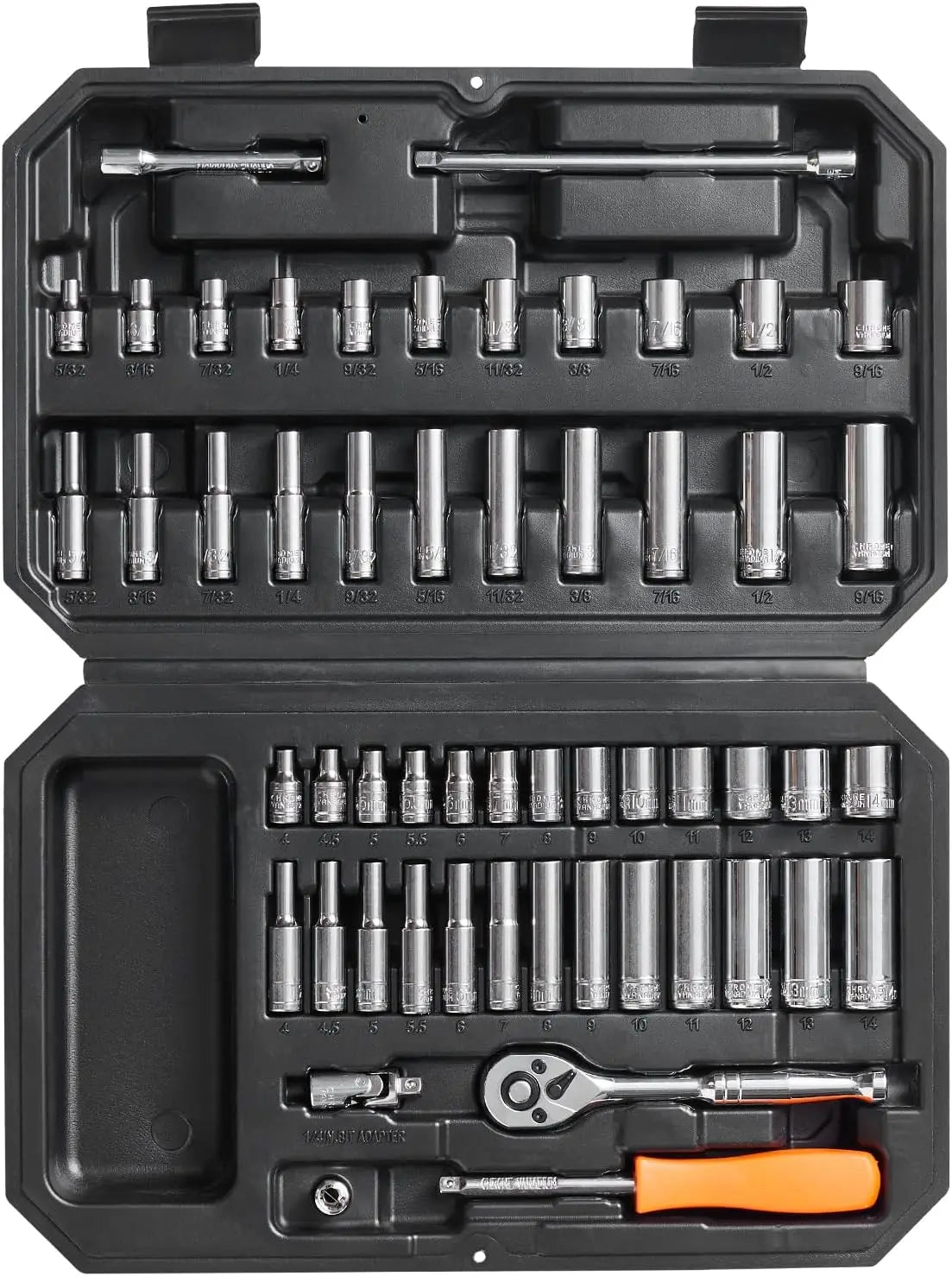 1/4 Inch Drive Socket Set, 54-Piece SAE & Metric, 6-Point Deep & Standard Sockets, CR-V Steel, with Storage Case