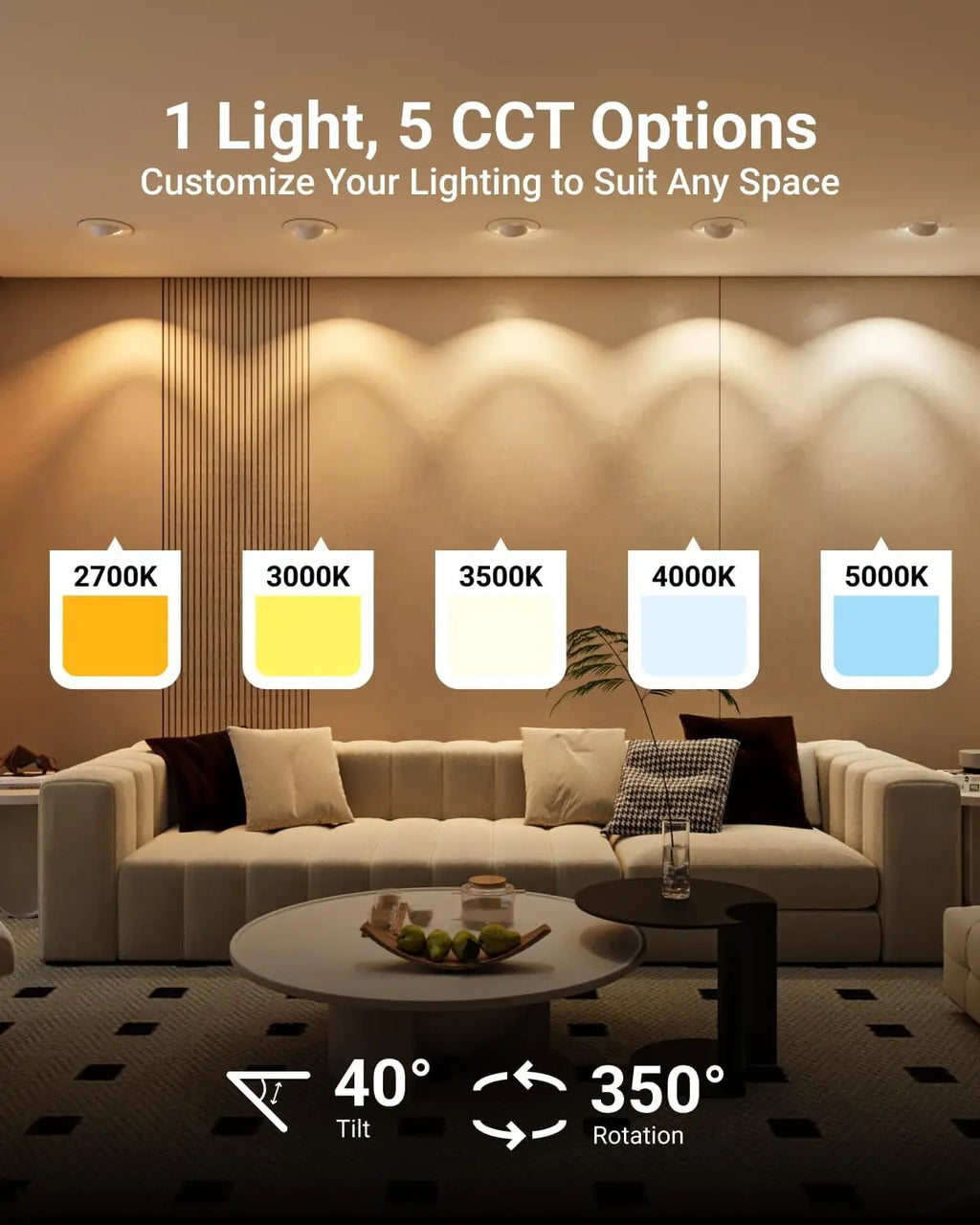 5/6 Inch LED Gimbal Recessed Downlight, 12W=60W, 800LM, Selectable CCT 2700K-5000K, Dimmable, Damp Rated, 4 Pack