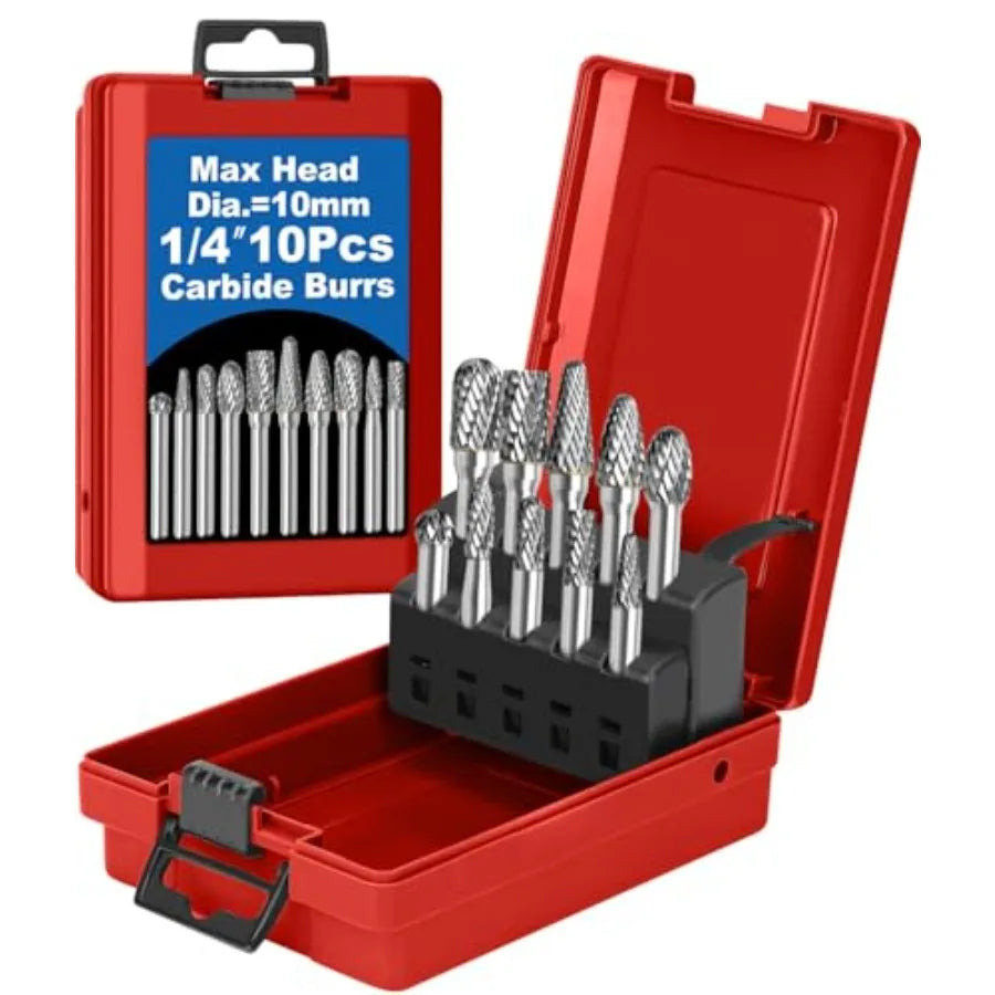 10Pcs Carbide Burr Set with 1/4 Inch Shank and Red Box Maximum Head Diameter 10mm Ideal for Die Grinders Rotary Tools Metal Woo