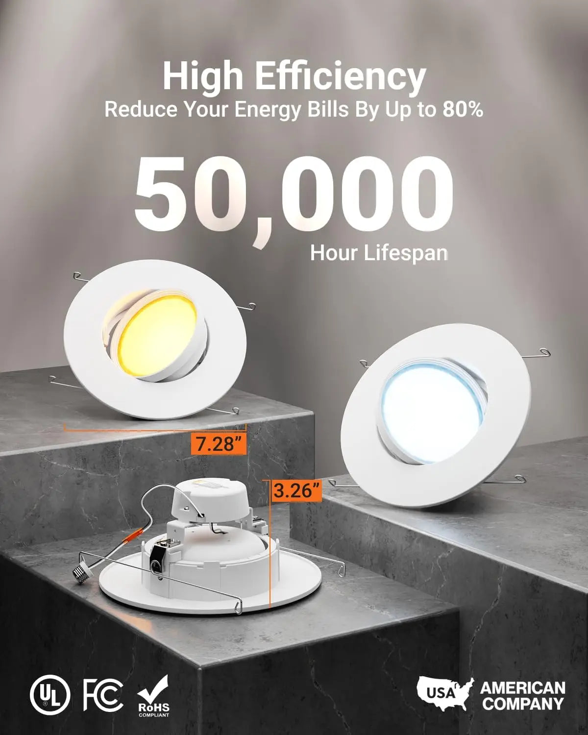 5/6 Inch LED Gimbal Recessed Downlight, 12W=60W, 800LM, Selectable CCT 2700K-5000K, Dimmable, Damp Rated, 4 Pack