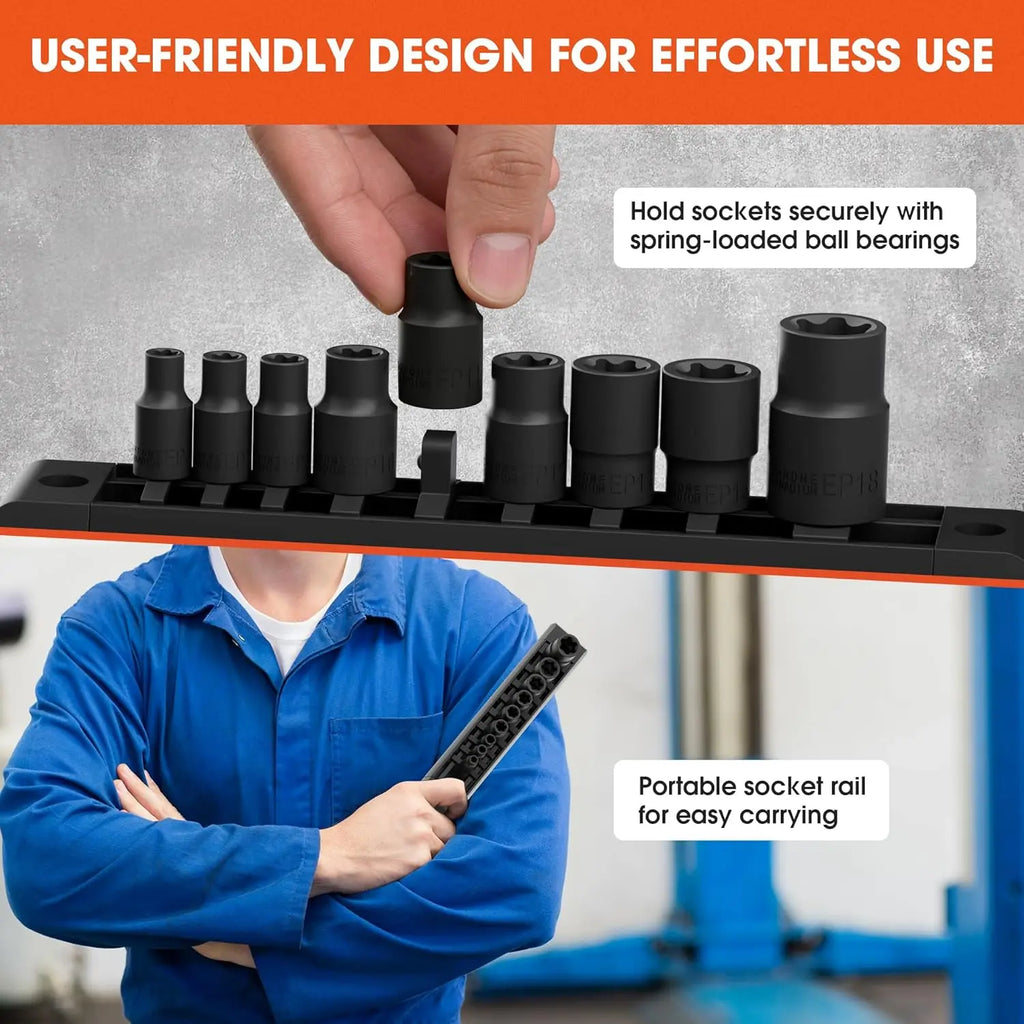9PCS EP Socket Set, 1/4" 3/8" 1/2" Drive External Torx Plus Sockets EP6-EP18, CR-V Steel with Organizer, for Automotive &