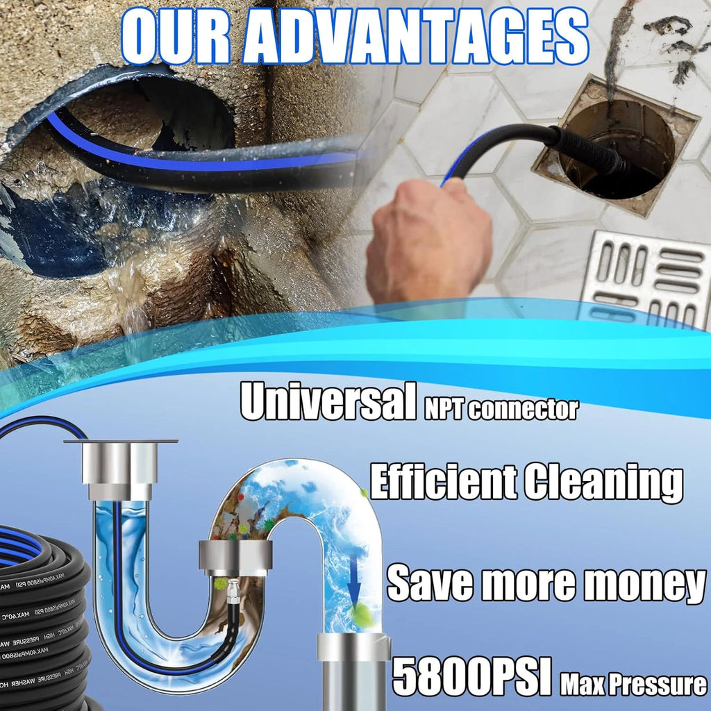50FT Blue-Black Cleaning Hose Pressure Washer Drain Flusher,1/4" NPT  5000PSI Sink Unblocker Kitchen Flusher Nozzle Accessories