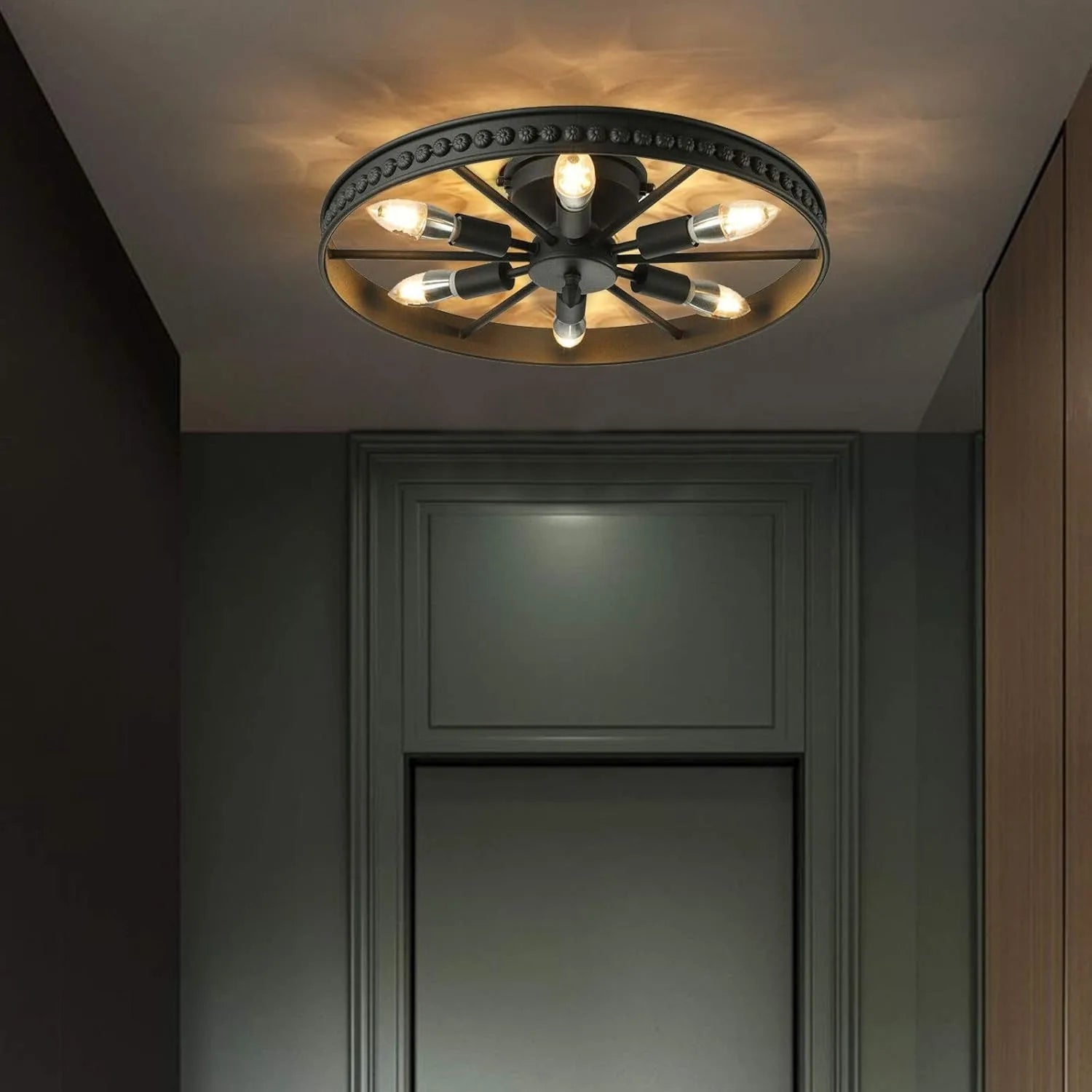 Industrial Wagon Wheel Chandelier 6 Lights, Rustic Flush Mount Ceiling Light Fixture, Retro Ceiling Lamp Hanging Lamp for Kitchen