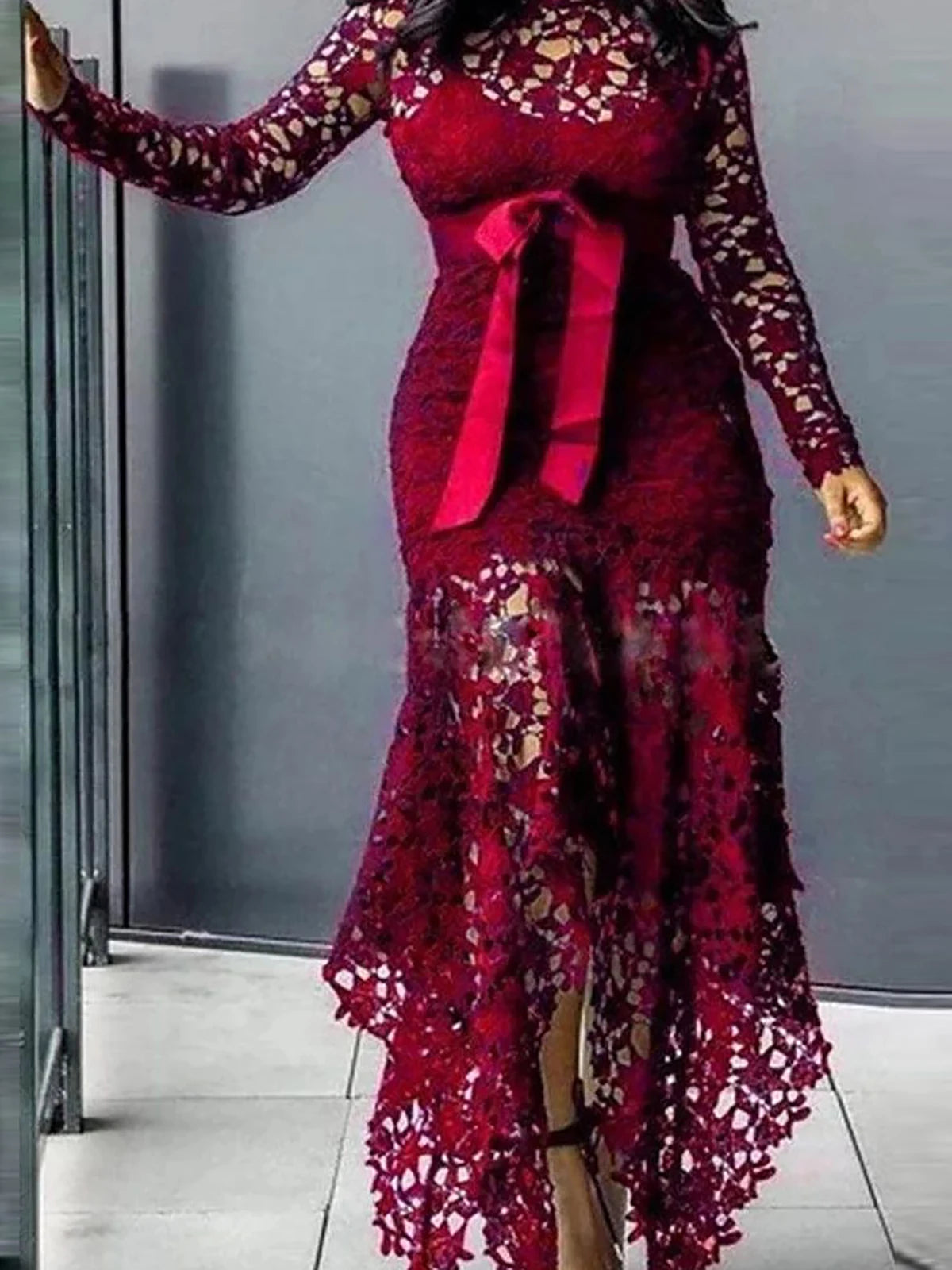 Women Elegant French Lace Dress Stand Up Collar Puff Sleeve Slim Sexy Hollow Out Irregular Hem Party Club Evening Midi Dresses