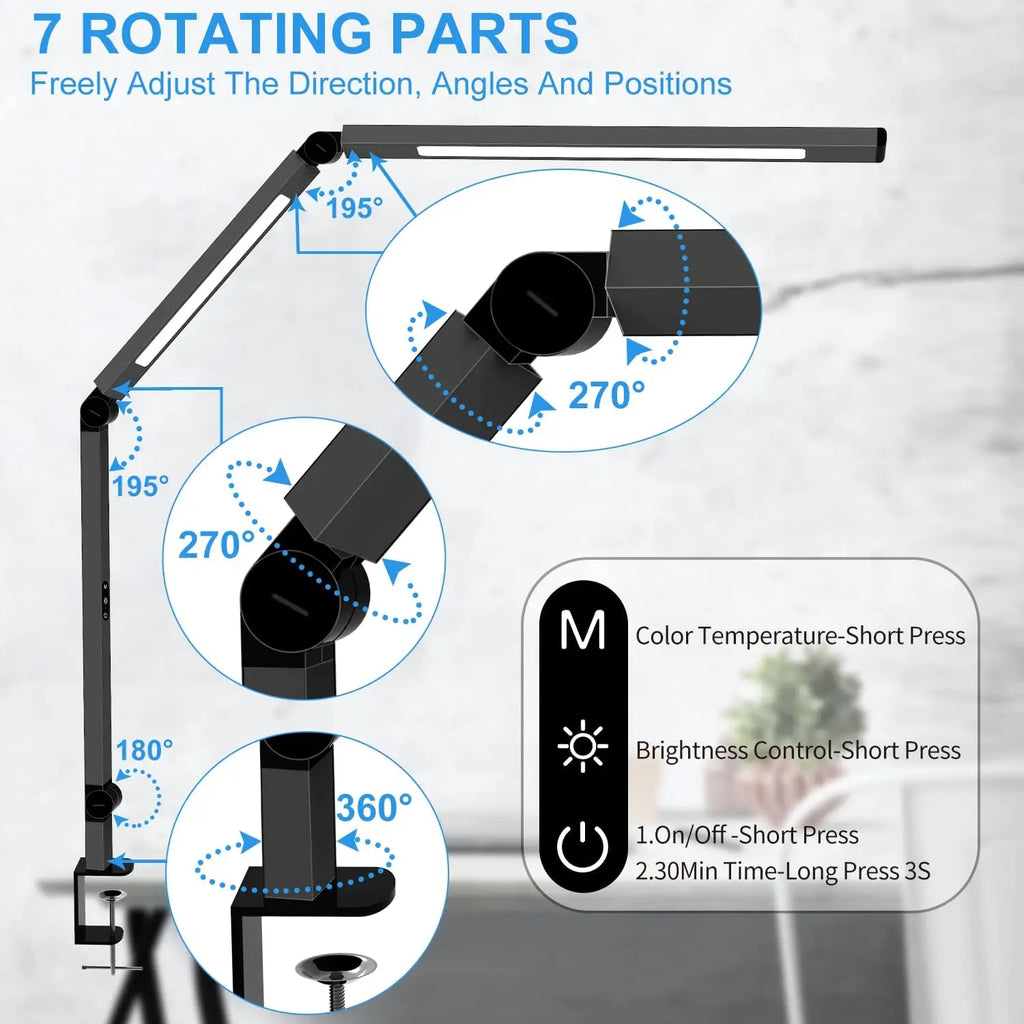 Adjustable LED Desk Lamp with Clamp, Dual Light, 4 Color Modes & 5 Brightness Levels for Home Office