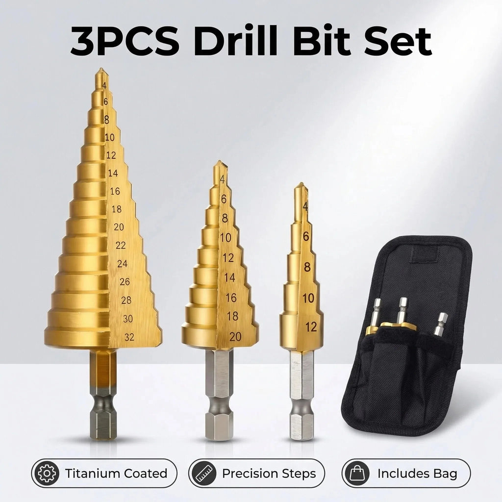 Titanium Coated Step Drill Bit Set | Large & Small Sizes | 2-Piece or 3-Piece for Metal, Wood, and Plastic